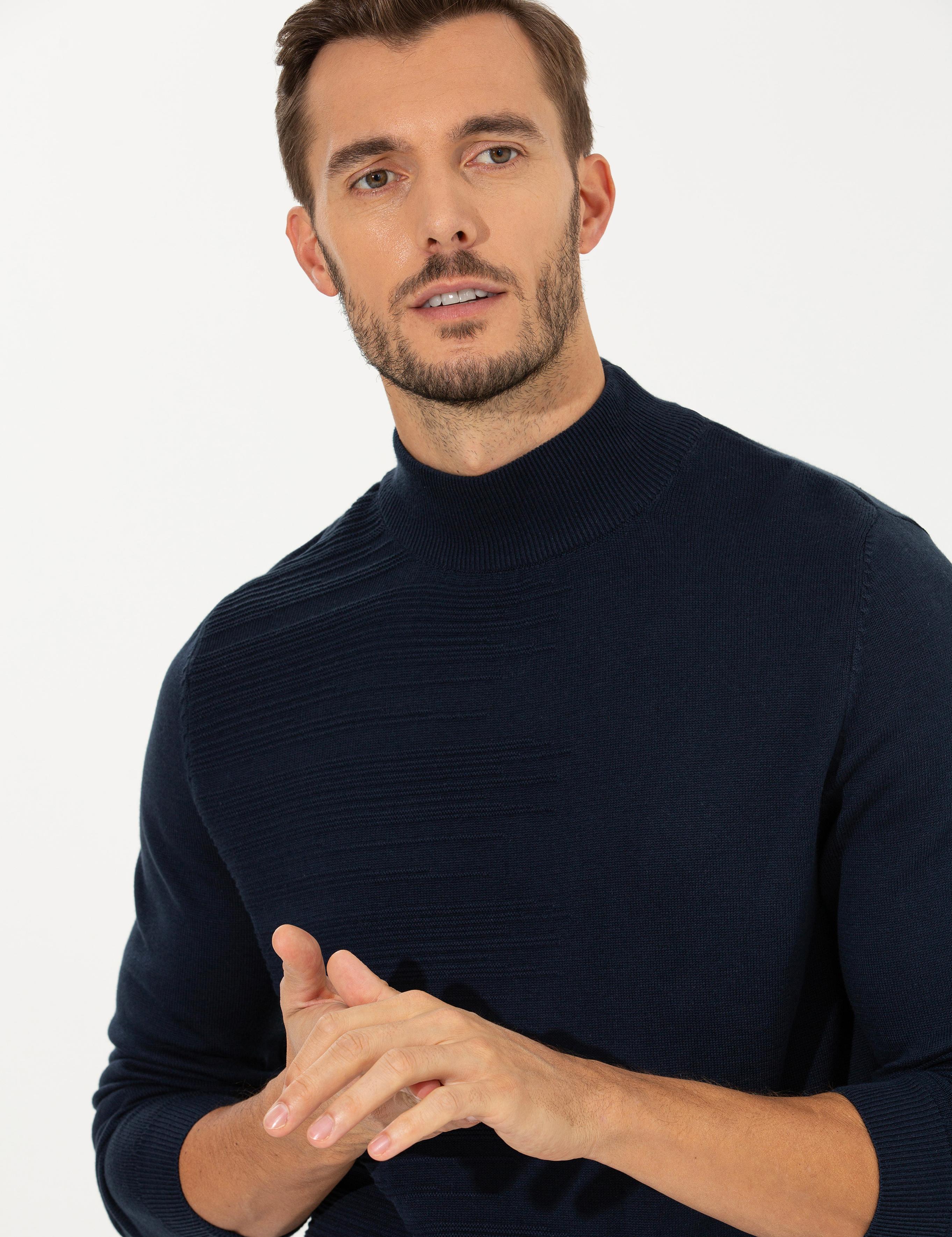 Lacivert Melanj Slim Fit Yarım Balıkçı Yaka Triko Kazak