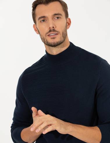 Lacivert Melanj Slim Fit Yarım Balıkçı Yaka Triko Kazak