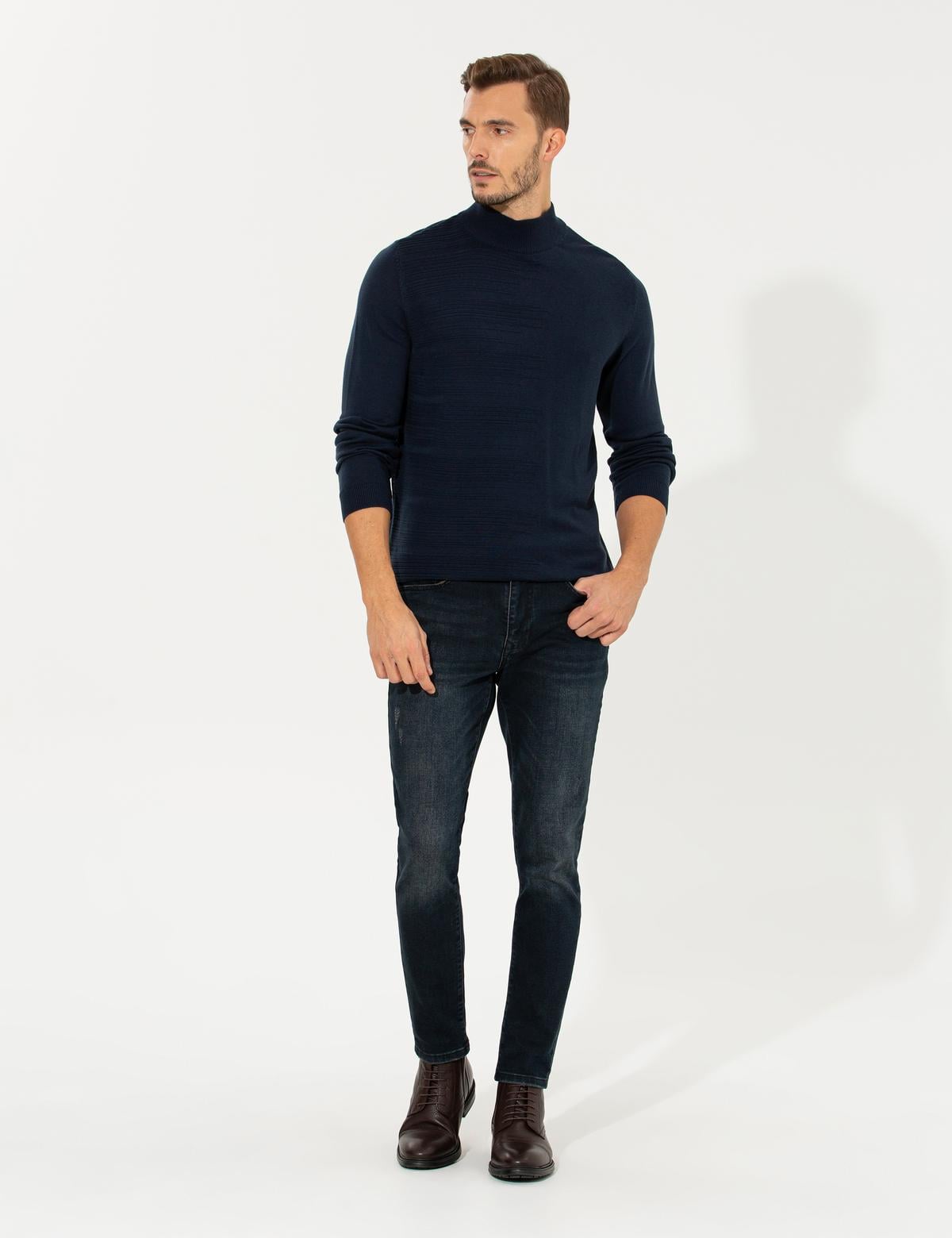 Lacivert Melanj Slim Fit Yarım Balıkçı Yaka Triko Kazak - 50258797043