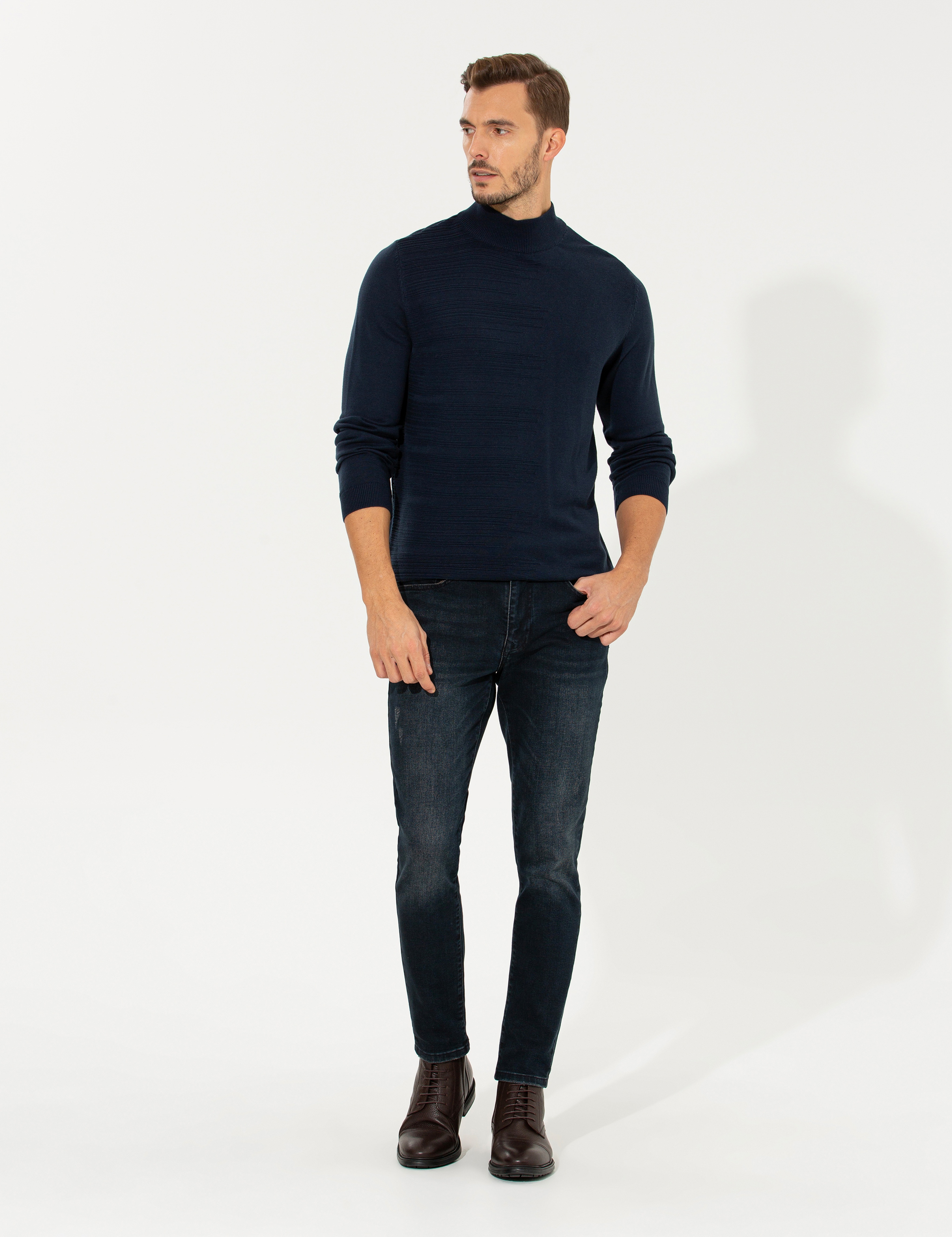 Lacivert Melanj Slim Fit Yarım Balıkçı Yaka Triko Kazak - Image 4