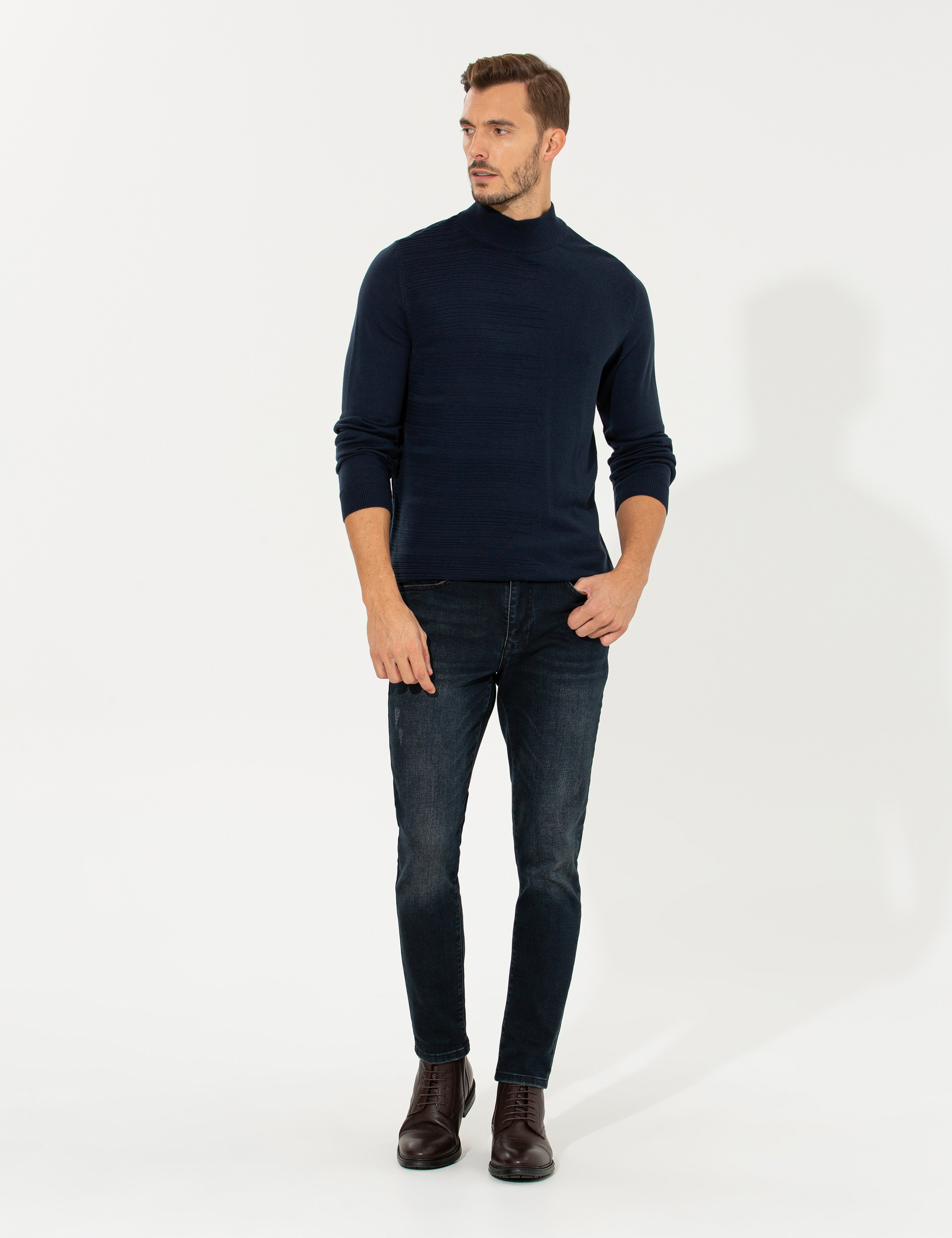 Lacivert Melanj Slim Fit Yarım Balıkçı Yaka Triko Kazak