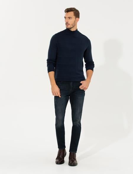 Lacivert Melanj Slim Fit Yarım Balıkçı Yaka Triko Kazak - 50258797043