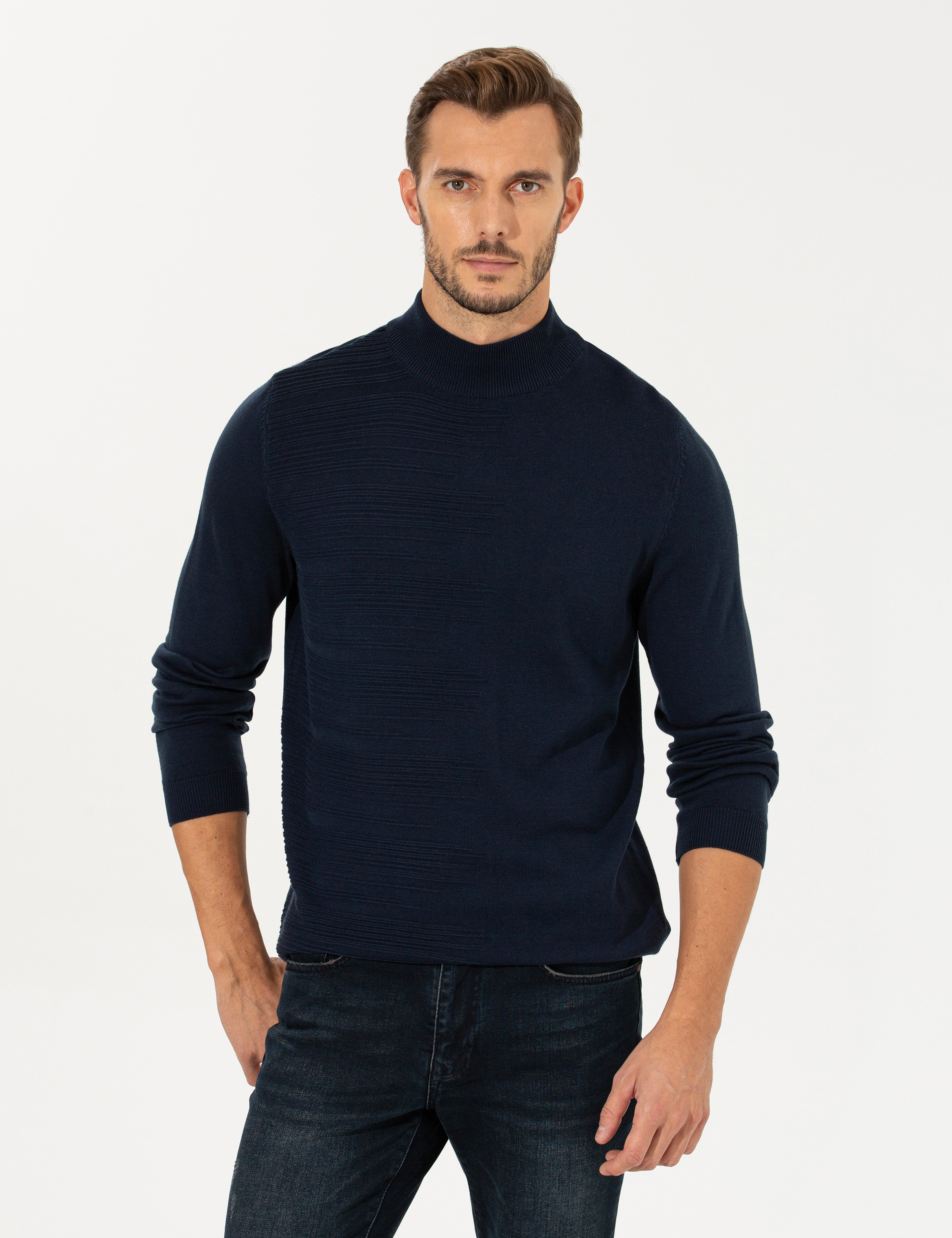 Lacivert Melanj Slim Fit Yarım Balıkçı Yaka Triko Kazak - Image 3