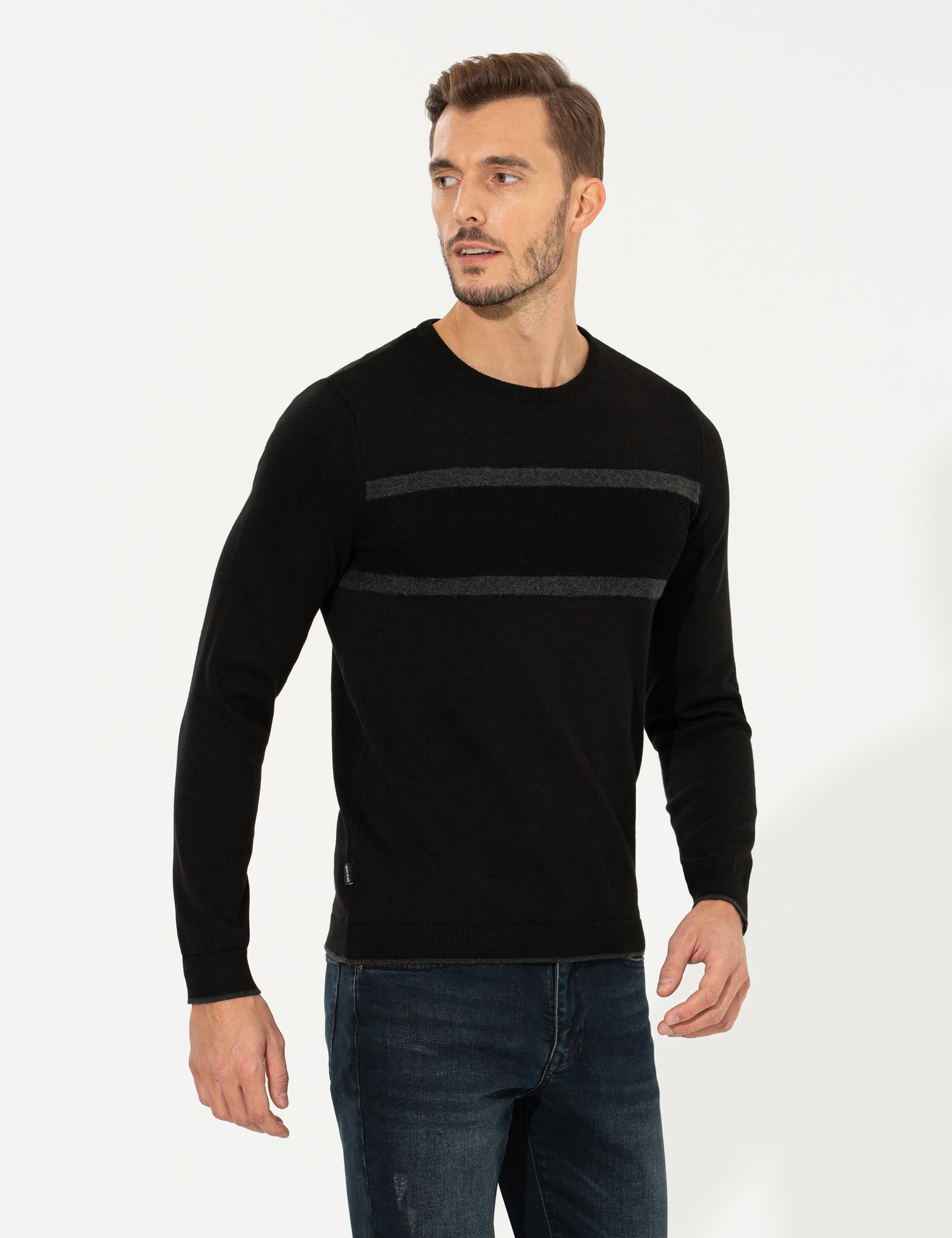 Pierre Cardin Siyah Slim Fit Bisiklet Yaka Triko Kazak görsel 4