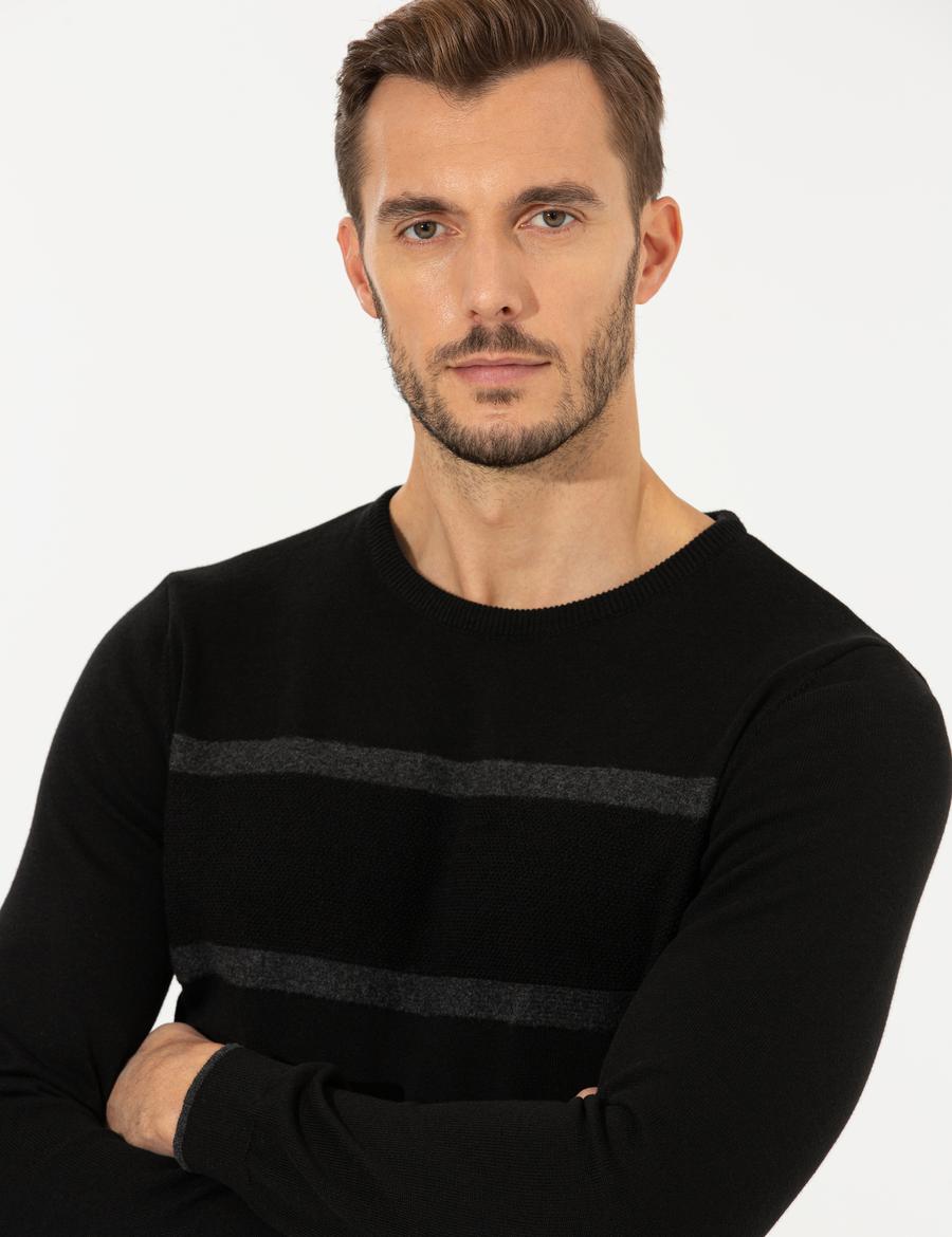 Siyah Slim Fit Bisiklet Yaka Triko Kazak