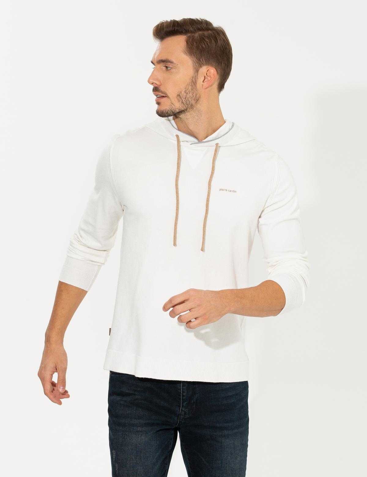 Ekru Slim Fit Kapüşonlu Triko Kazak - 50258823047