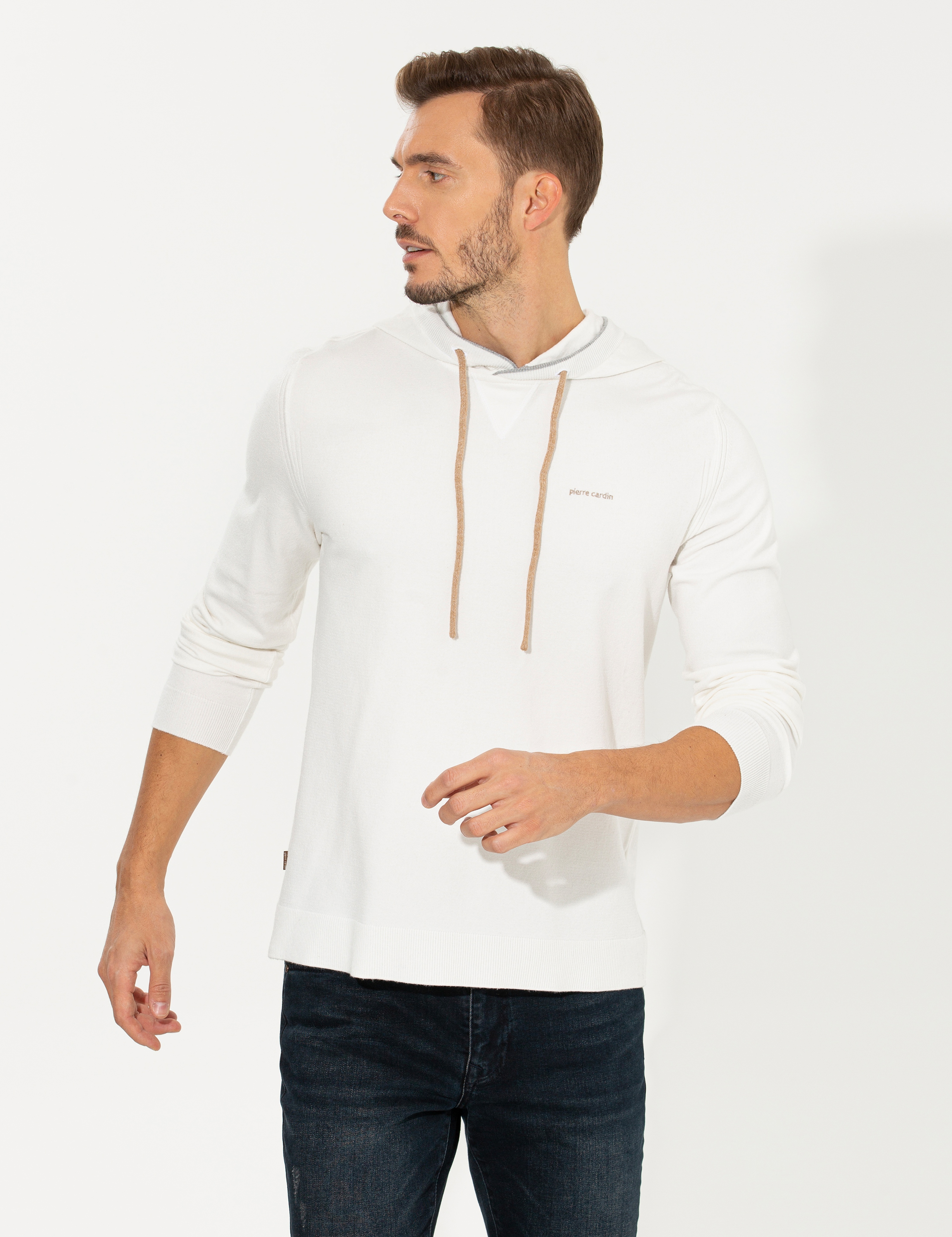 Ekru Slim Fit Kapüşonlu Triko Kazak - Image 3