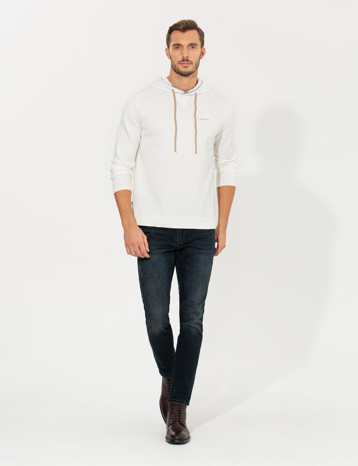 Ekru Slim Fit Kapüşonlu Triko Kazak - 50258823047