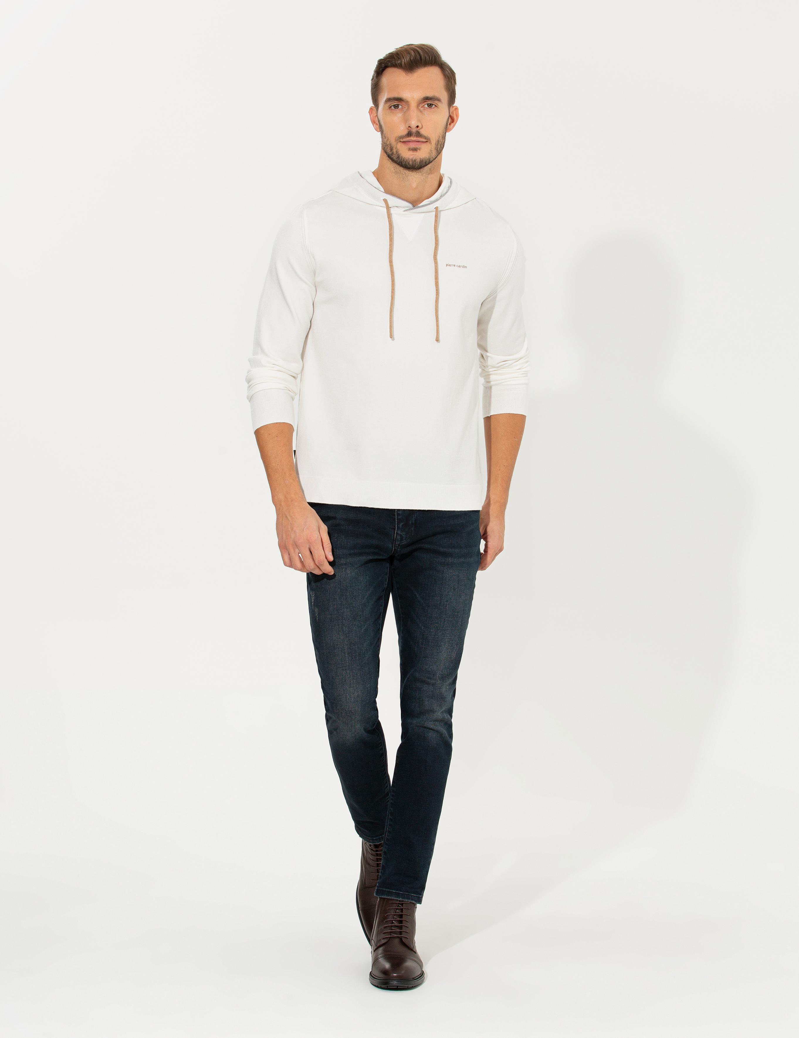 Ekru Slim Fit Kapüşonlu Triko Kazak