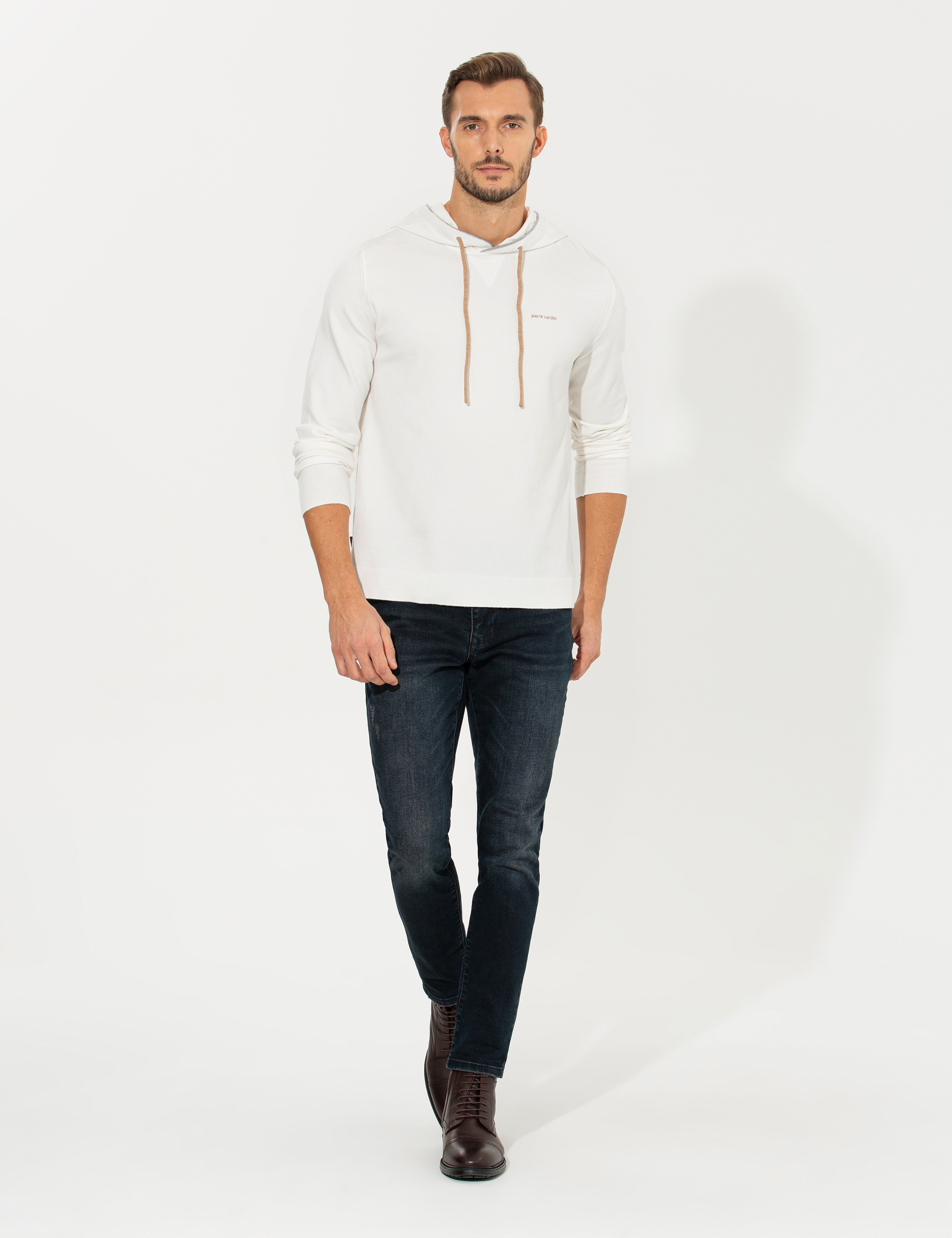 Ekru Slim Fit Kapüşonlu Triko Kazak