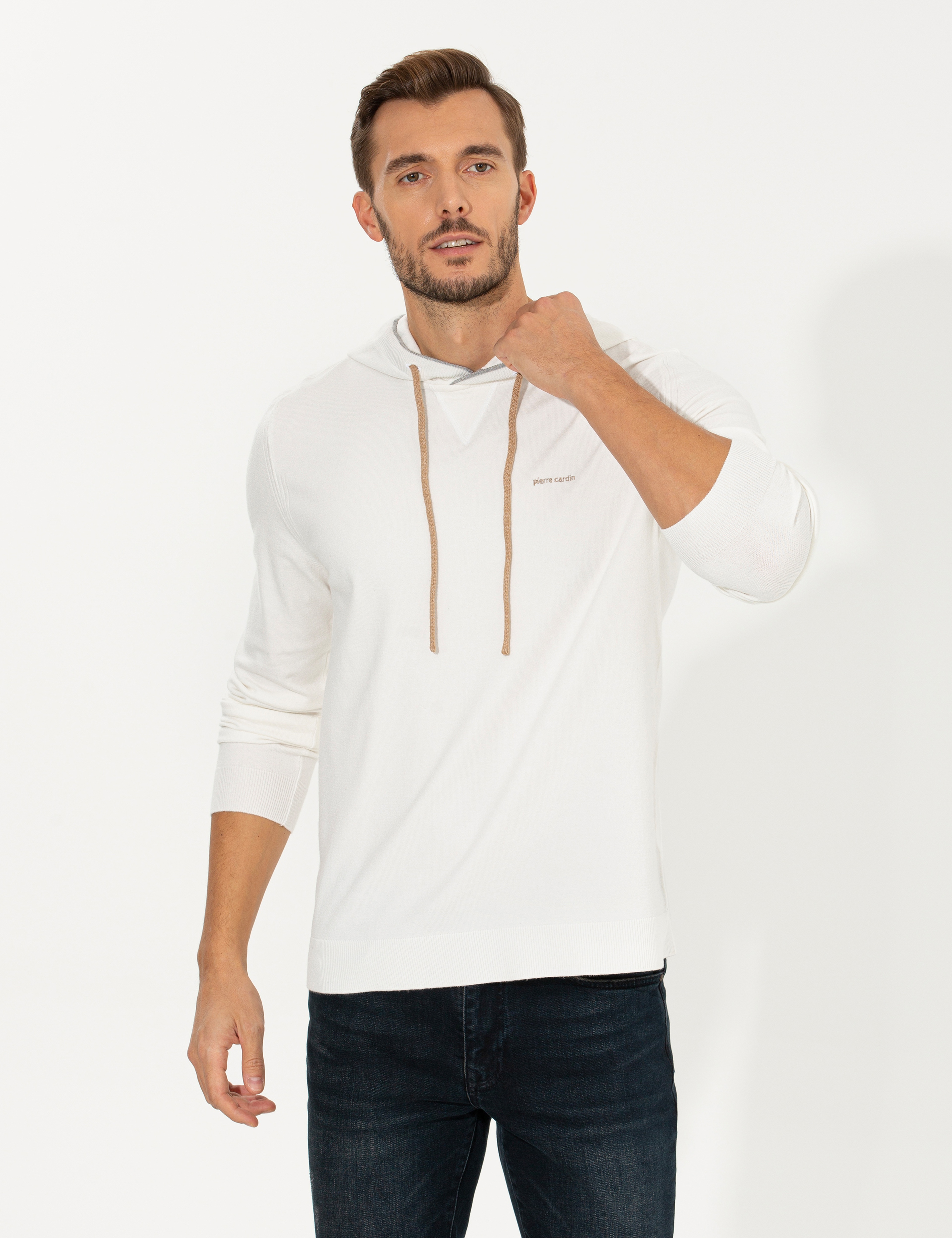 Ekru Slim Fit Kapüşonlu Triko Kazak - Image 2