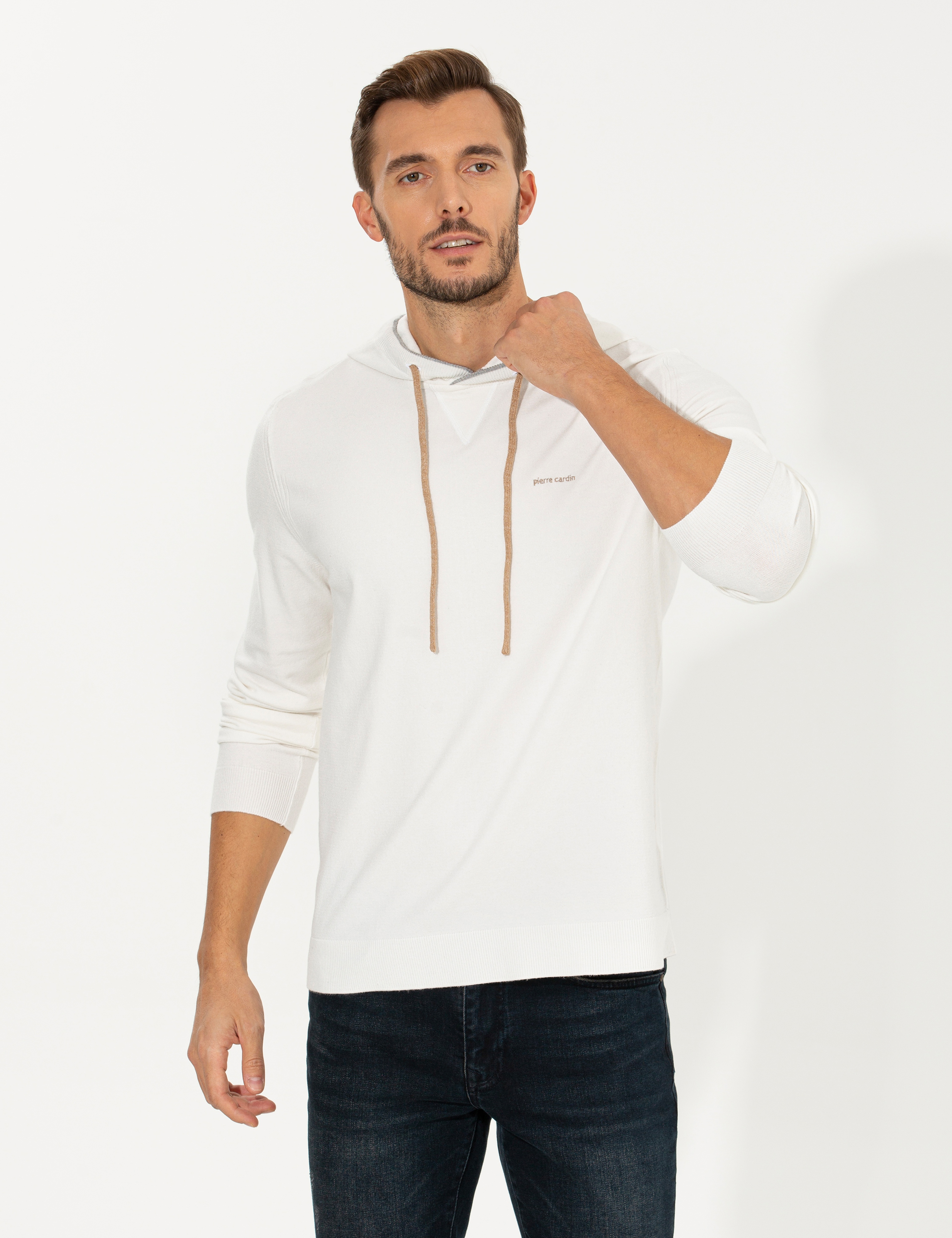 Ekru Slim Fit Kapüşonlu Triko Kazak