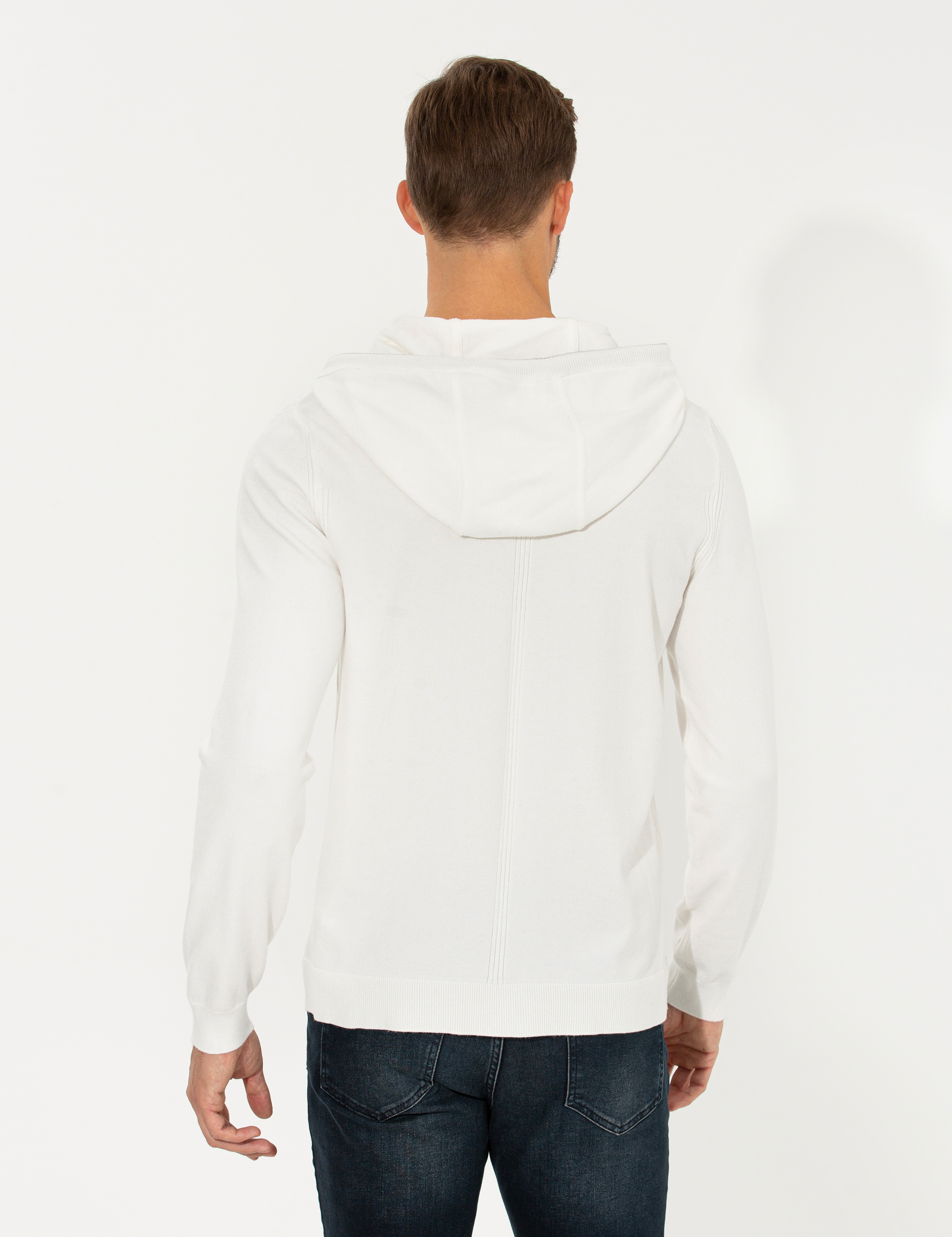 Ekru Slim Fit Kapüşonlu Triko Kazak - Image 5