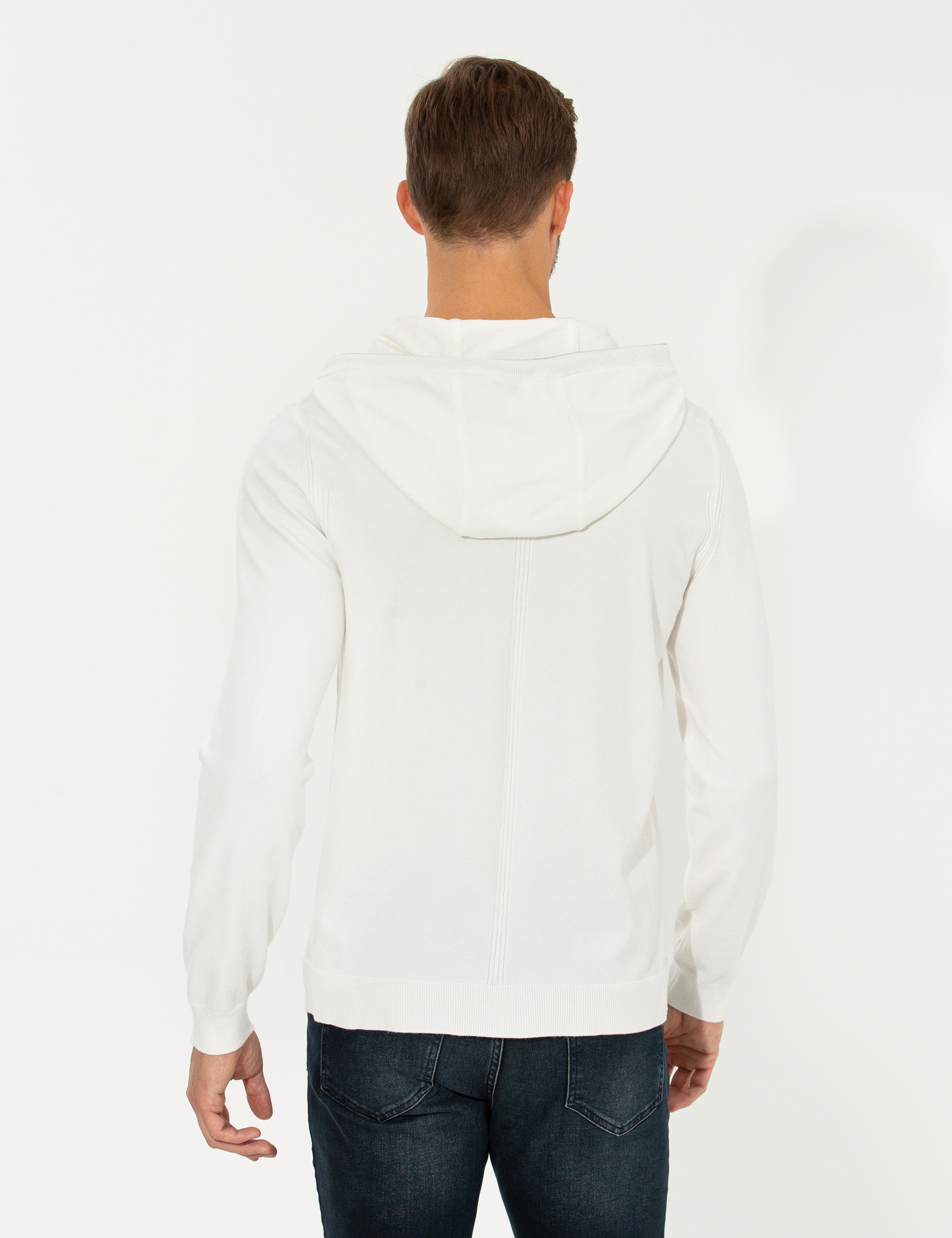 Ekru Slim Fit Kapüşonlu Triko Kazak