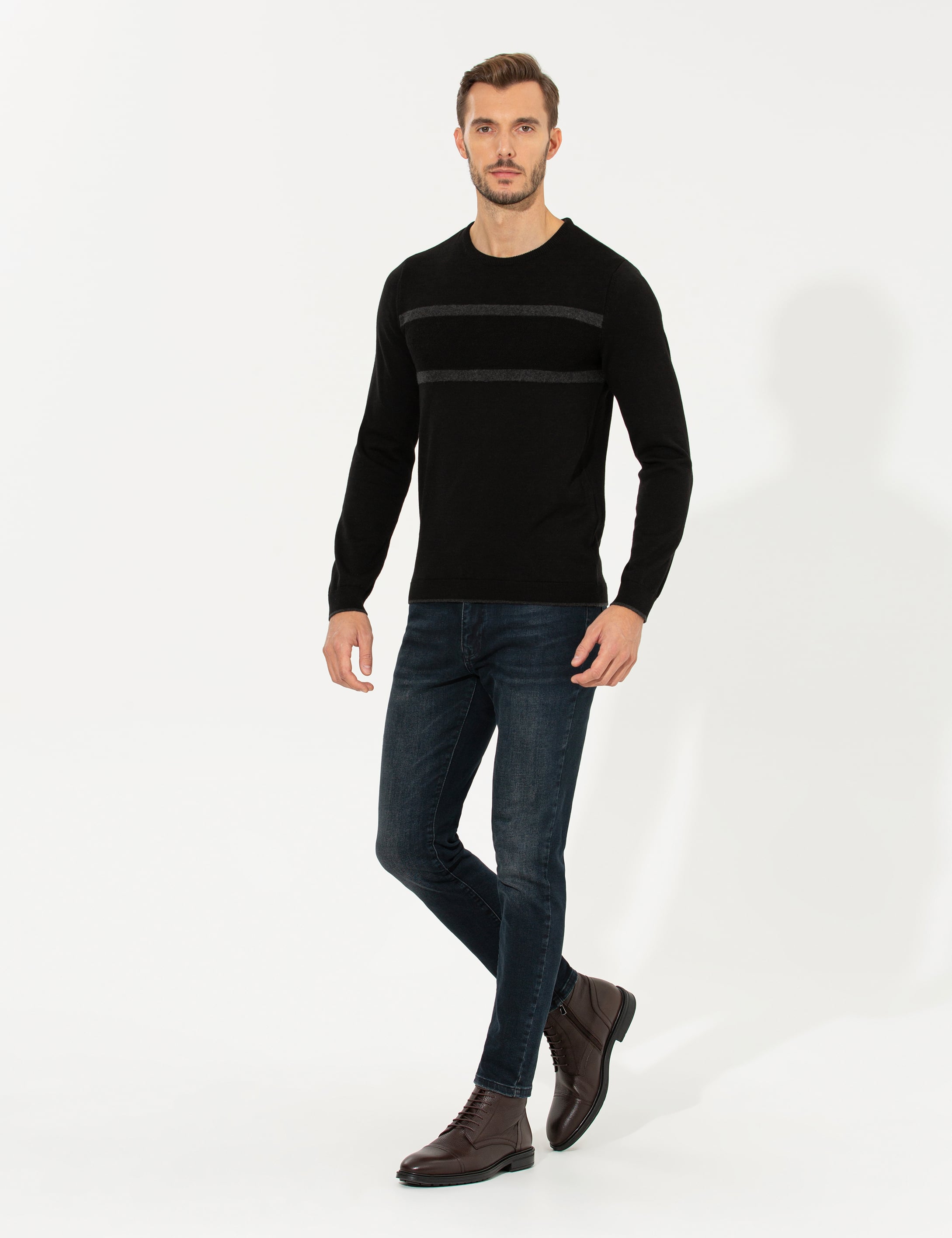 Pierre Cardin Siyah Slim Fit Bisiklet Yaka Triko Kazak görsel 3