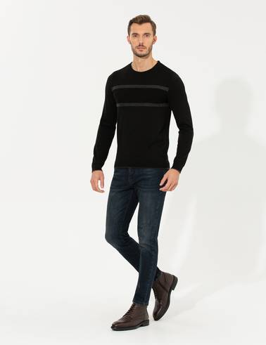 Siyah Slim Fit Bisiklet Yaka Triko Kazak