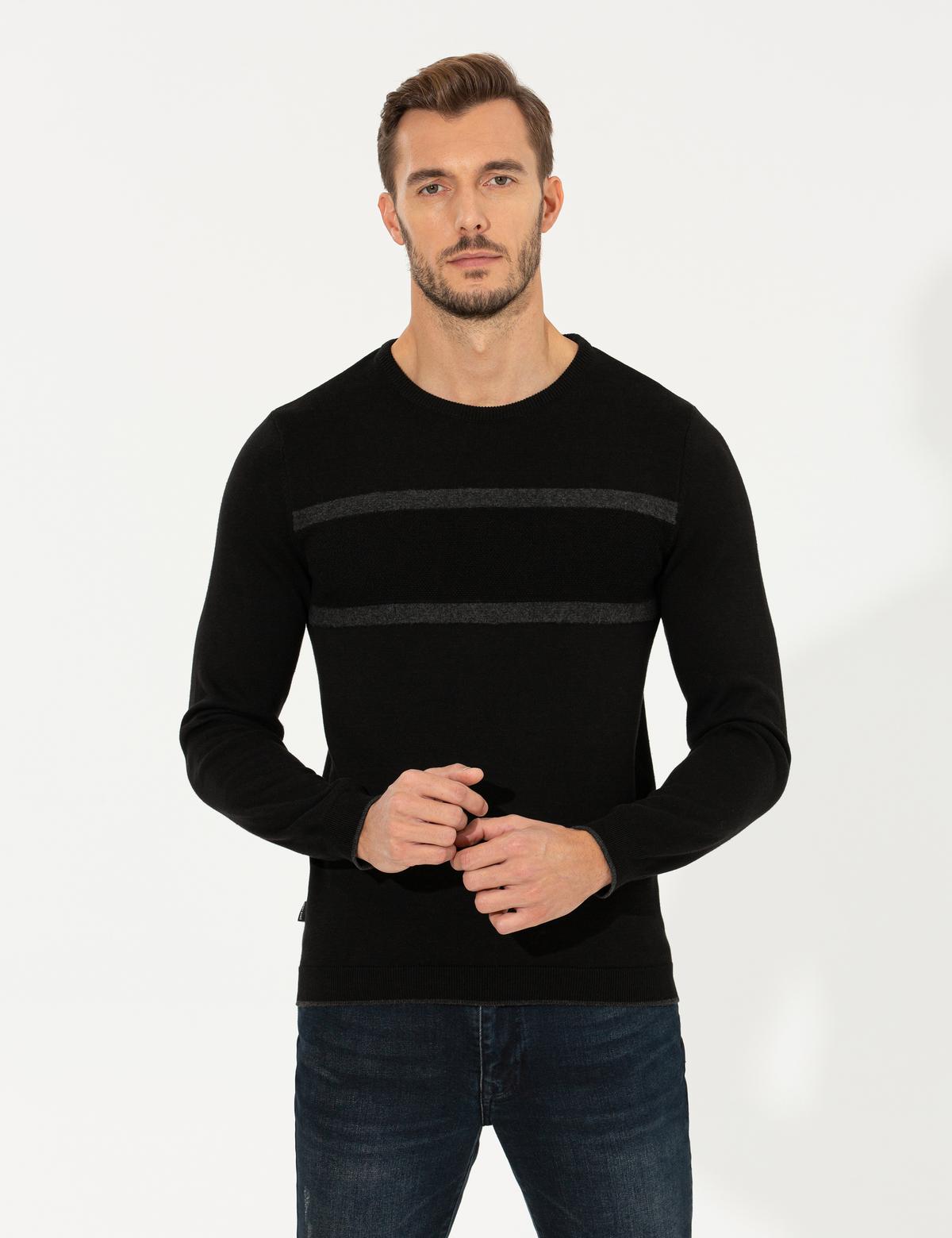 Siyah Slim Fit Bisiklet Yaka Triko Kazak - 50258805018