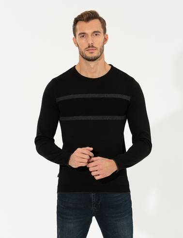 Siyah Slim Fit Bisiklet Yaka Triko Kazak