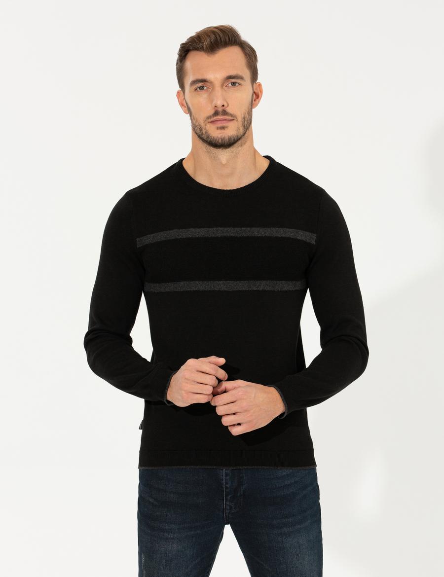 Siyah Slim Fit Bisiklet Yaka Triko Kazak