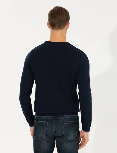Lacivert Slim Fit Bisiklet Yaka Triko Kazak