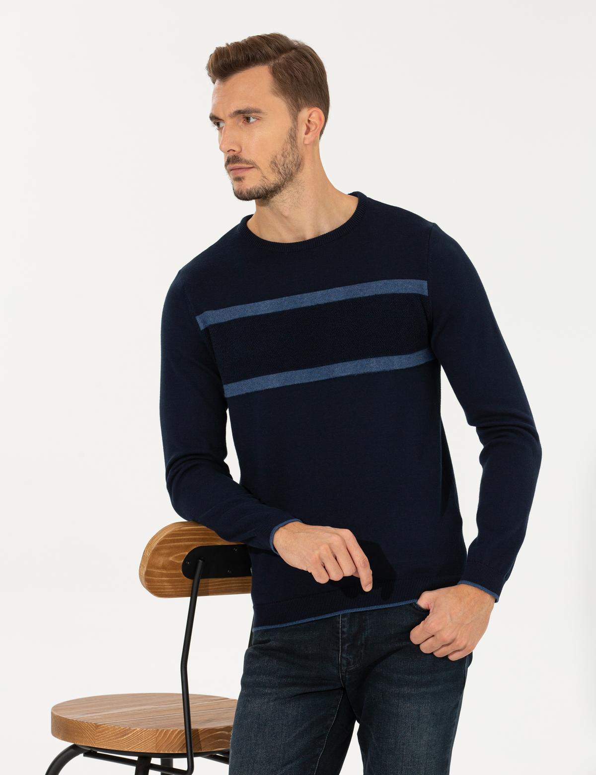 Lacivert Slim Fit Bisiklet Yaka Triko Kazak - 50258805028