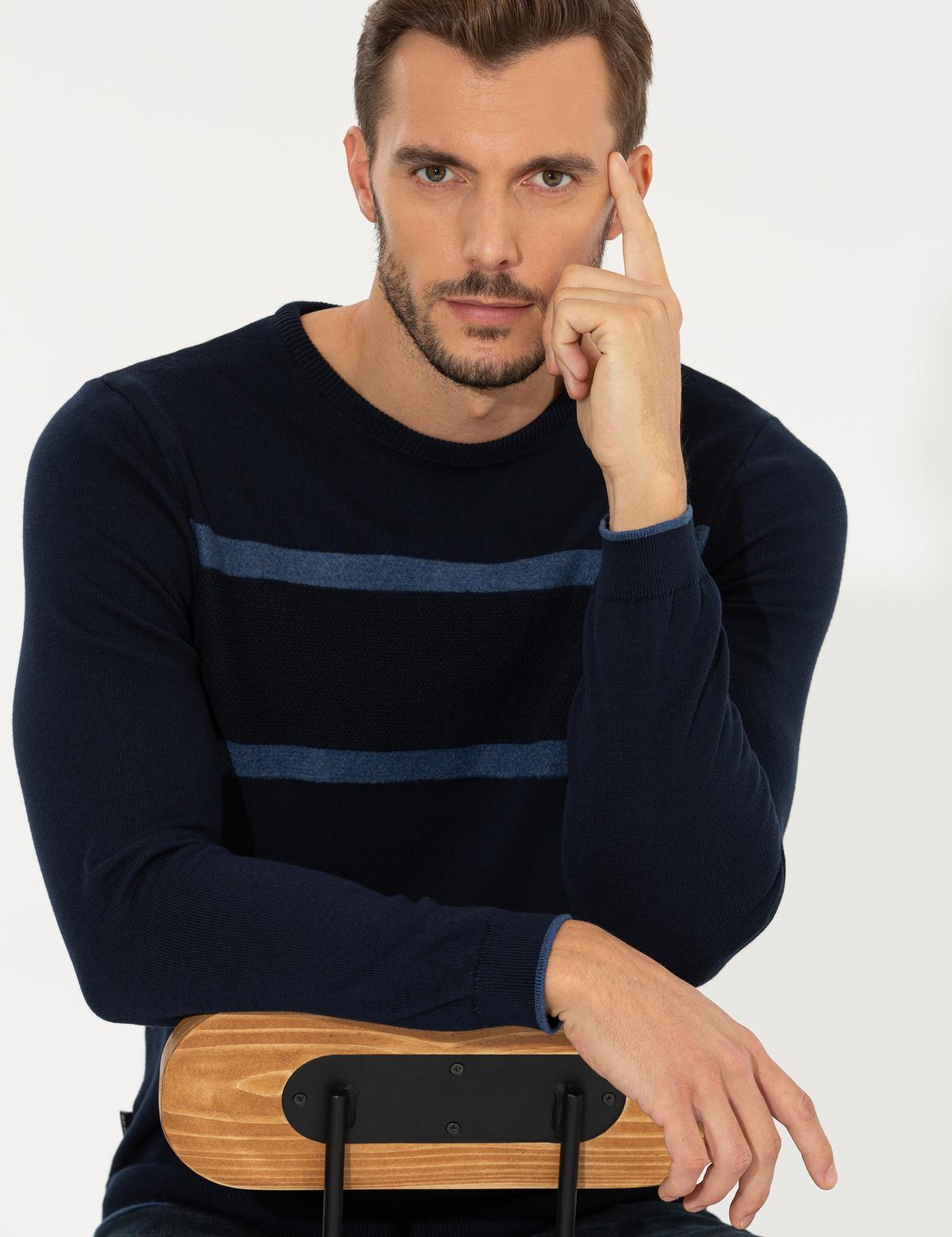 Lacivert Slim Fit Bisiklet Yaka Triko Kazak