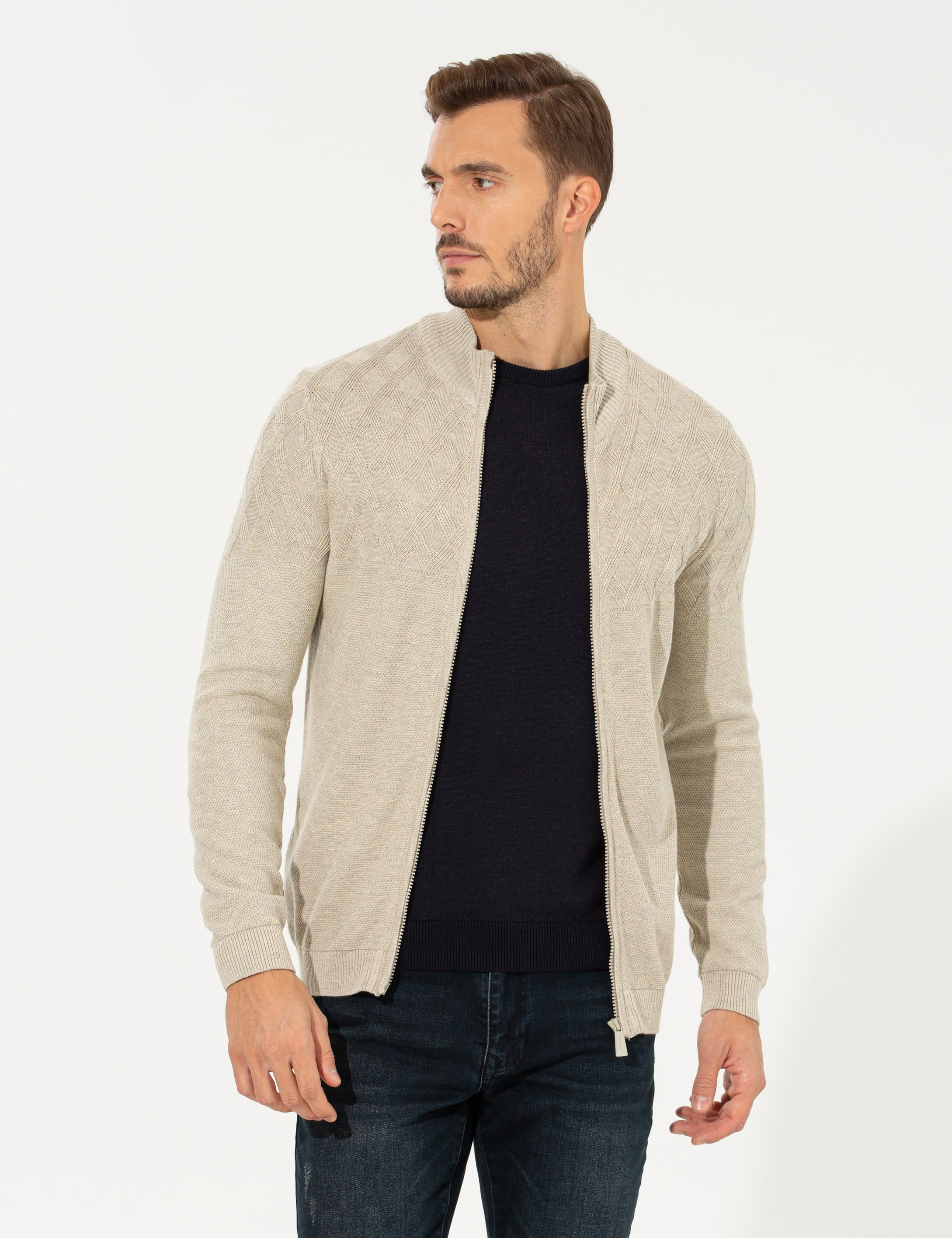 Kum Melanj Slim Fit Fermuarlı Triko Hırka