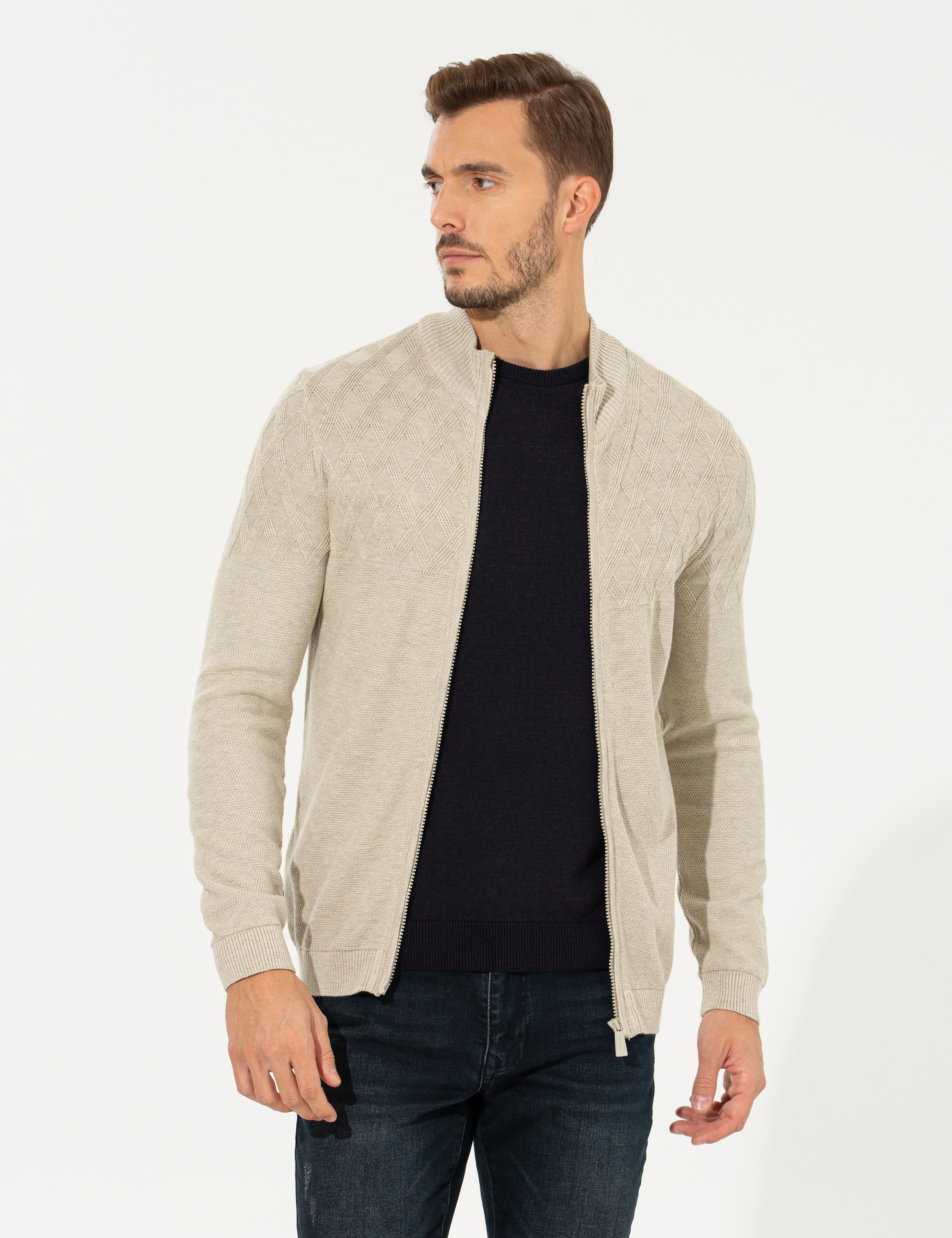 Kum Melanj Slim Fit Fermuarlı Triko Hırka - Image 3