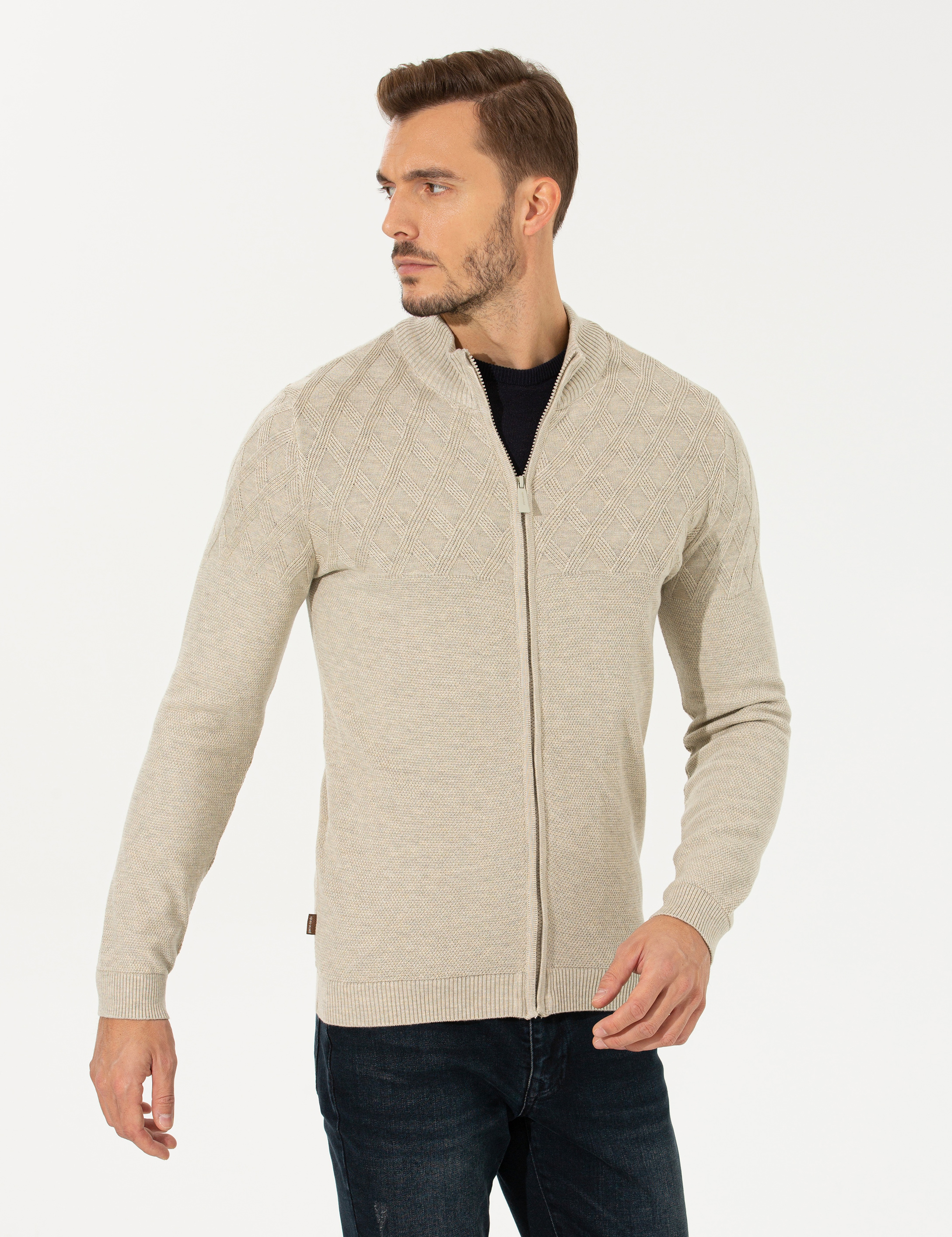 Kum Melanj Slim Fit Fermuarlı Triko Hırka - Image 1