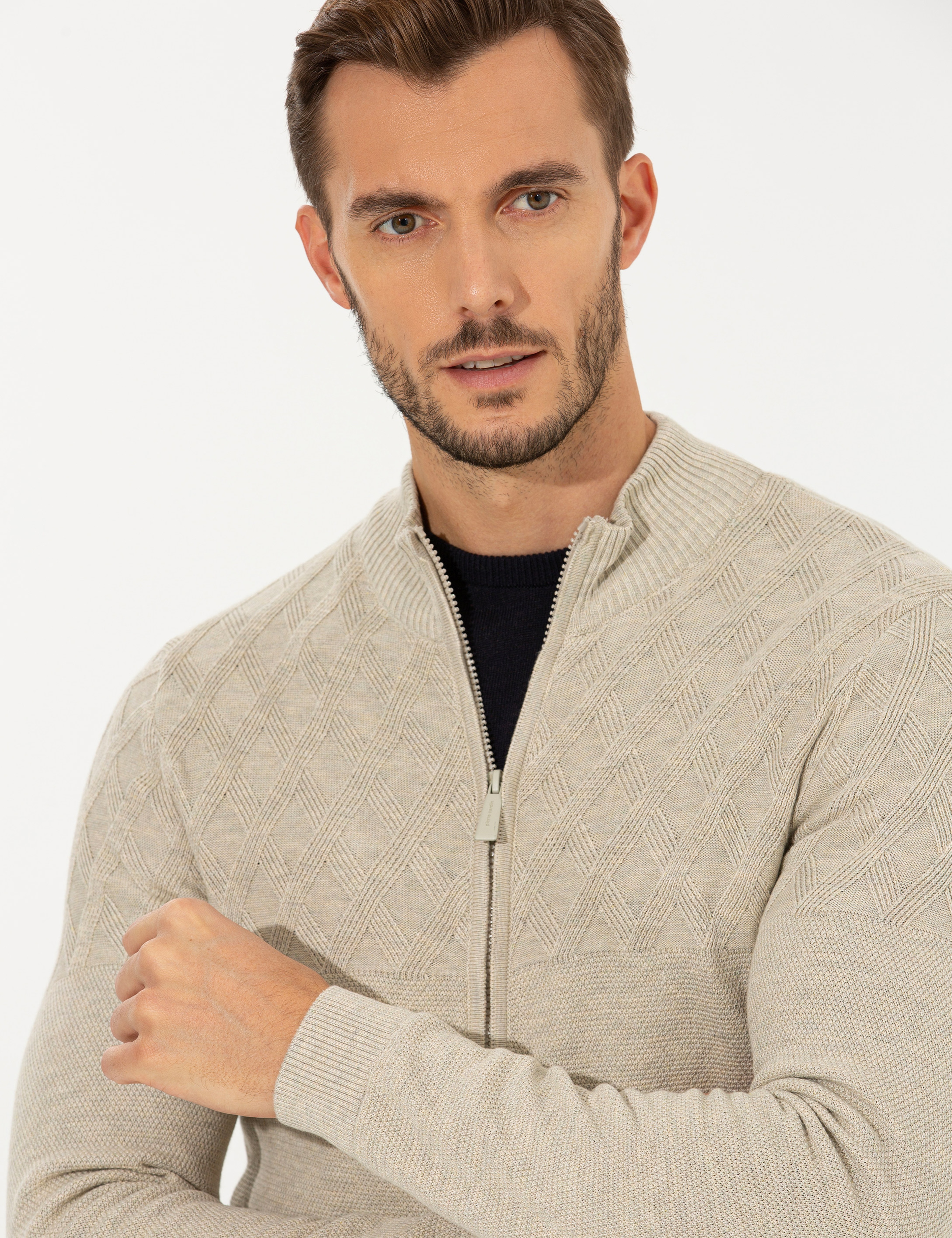 Kum Melanj Slim Fit Fermuarlı Triko Hırka