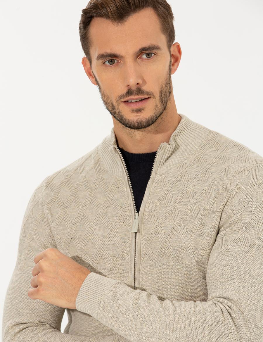 Kum Melanj Slim Fit Fermuarlı Triko Hırka