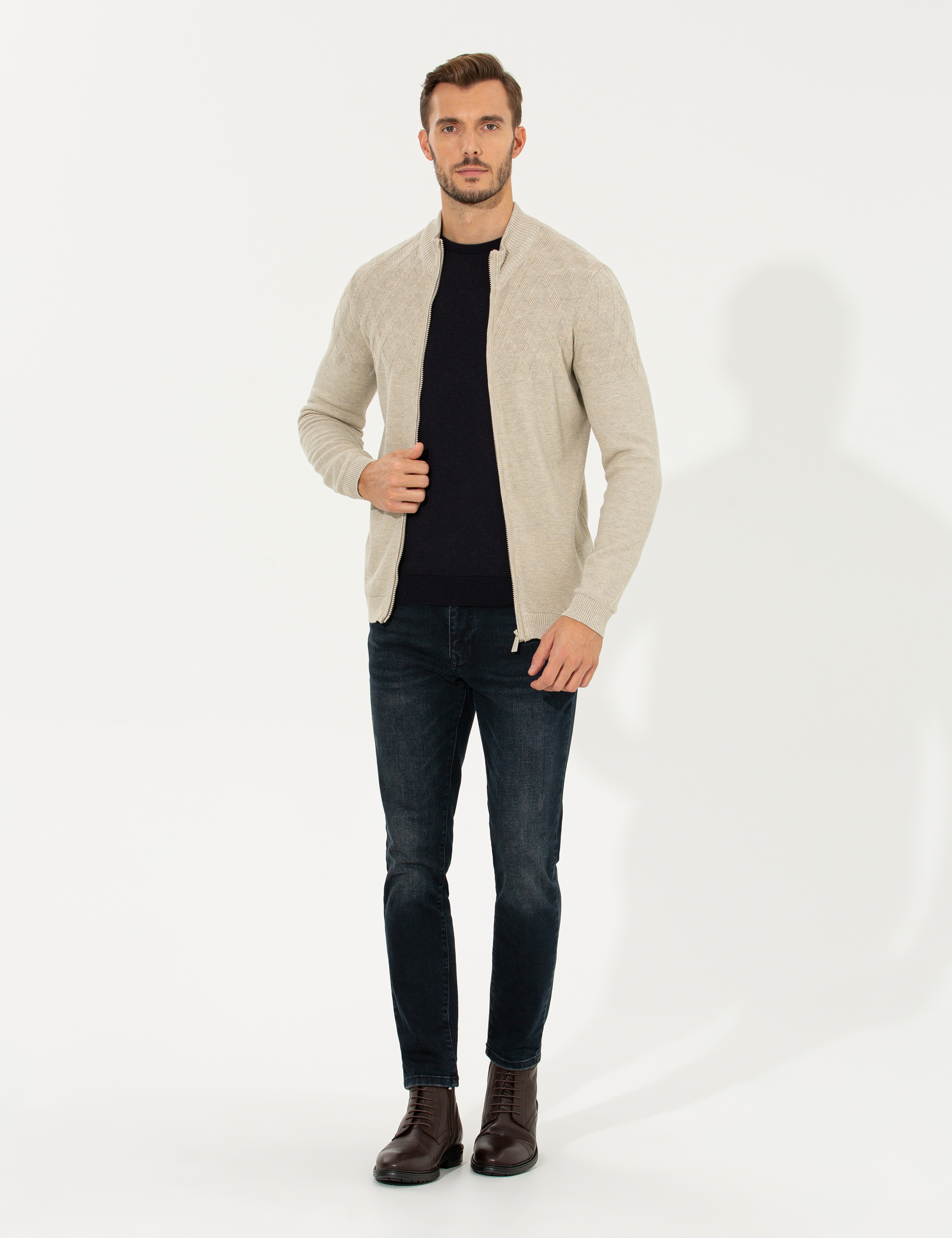 Kum Melanj Slim Fit Fermuarlı Triko Hırka - Image 4