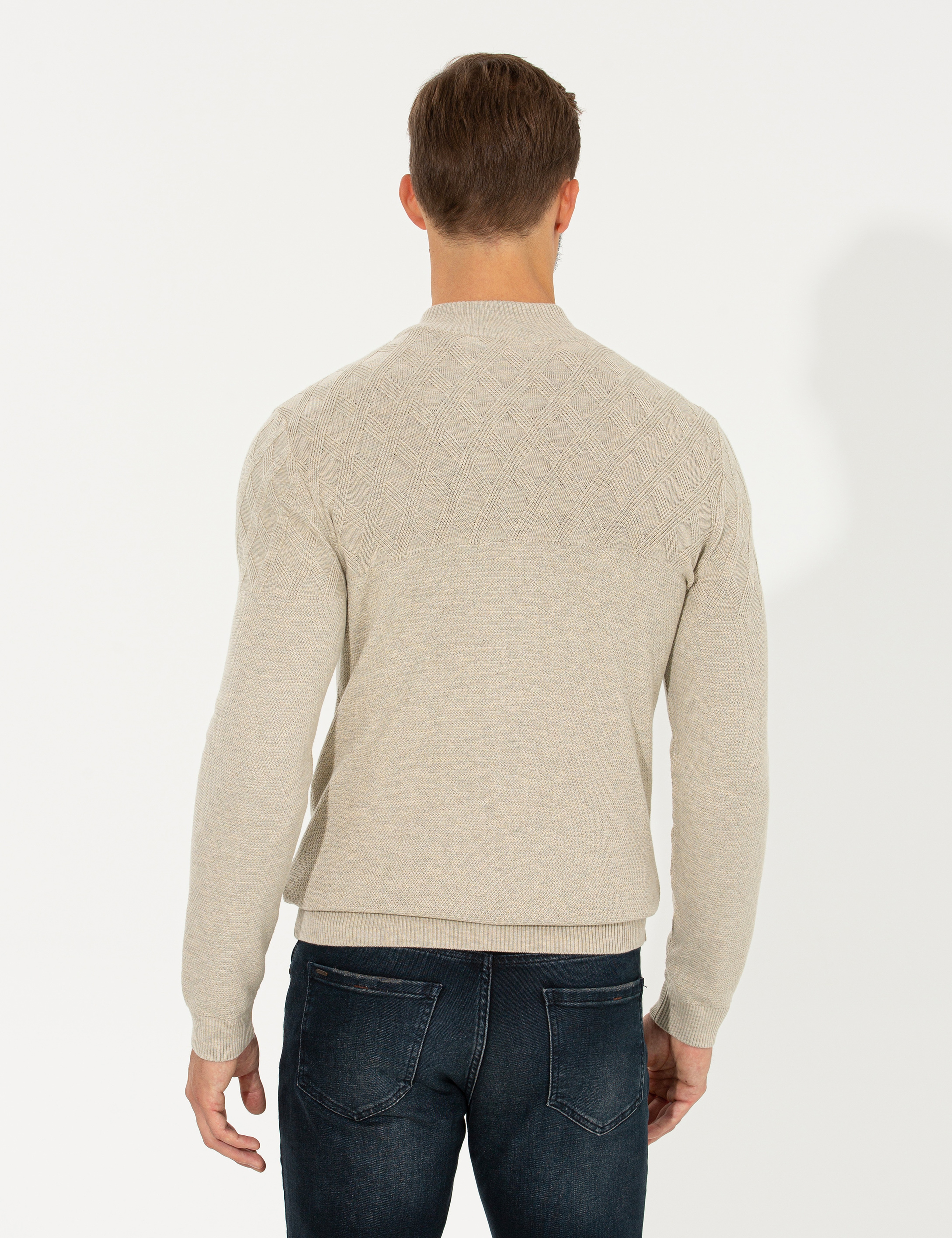 Kum Melanj Slim Fit Fermuarlı Triko Hırka - Image 5