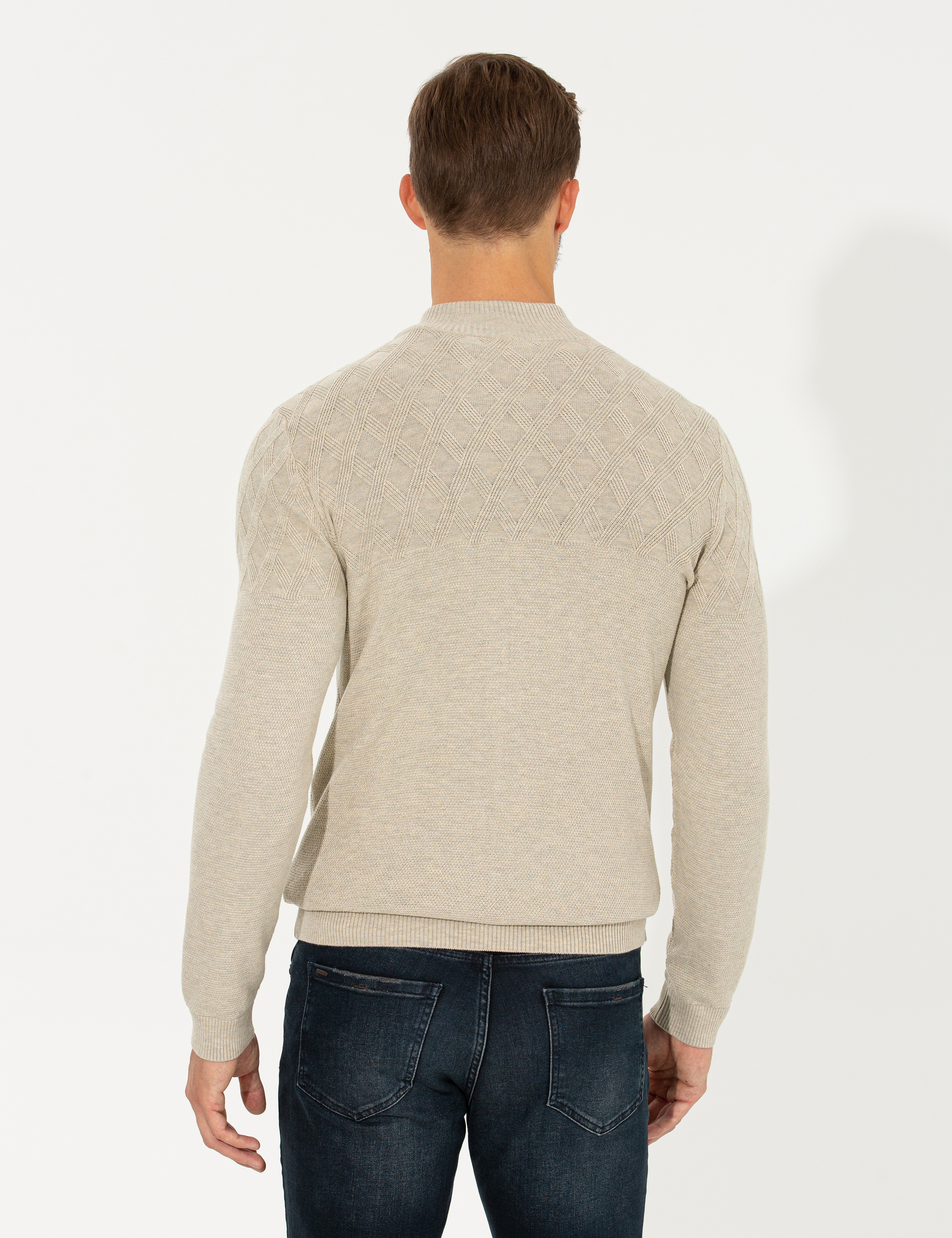 Kum Melanj Slim Fit Fermuarlı Triko Hırka
