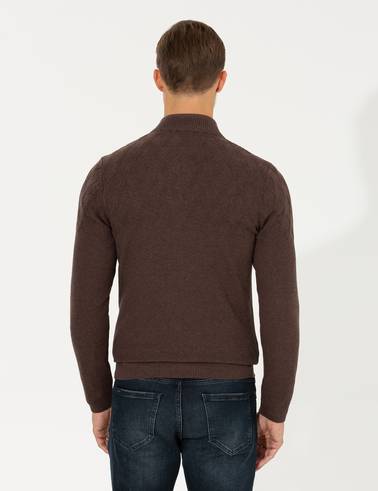 Açık Kahverengi Slim Fit Fermuarlı Triko Hırka