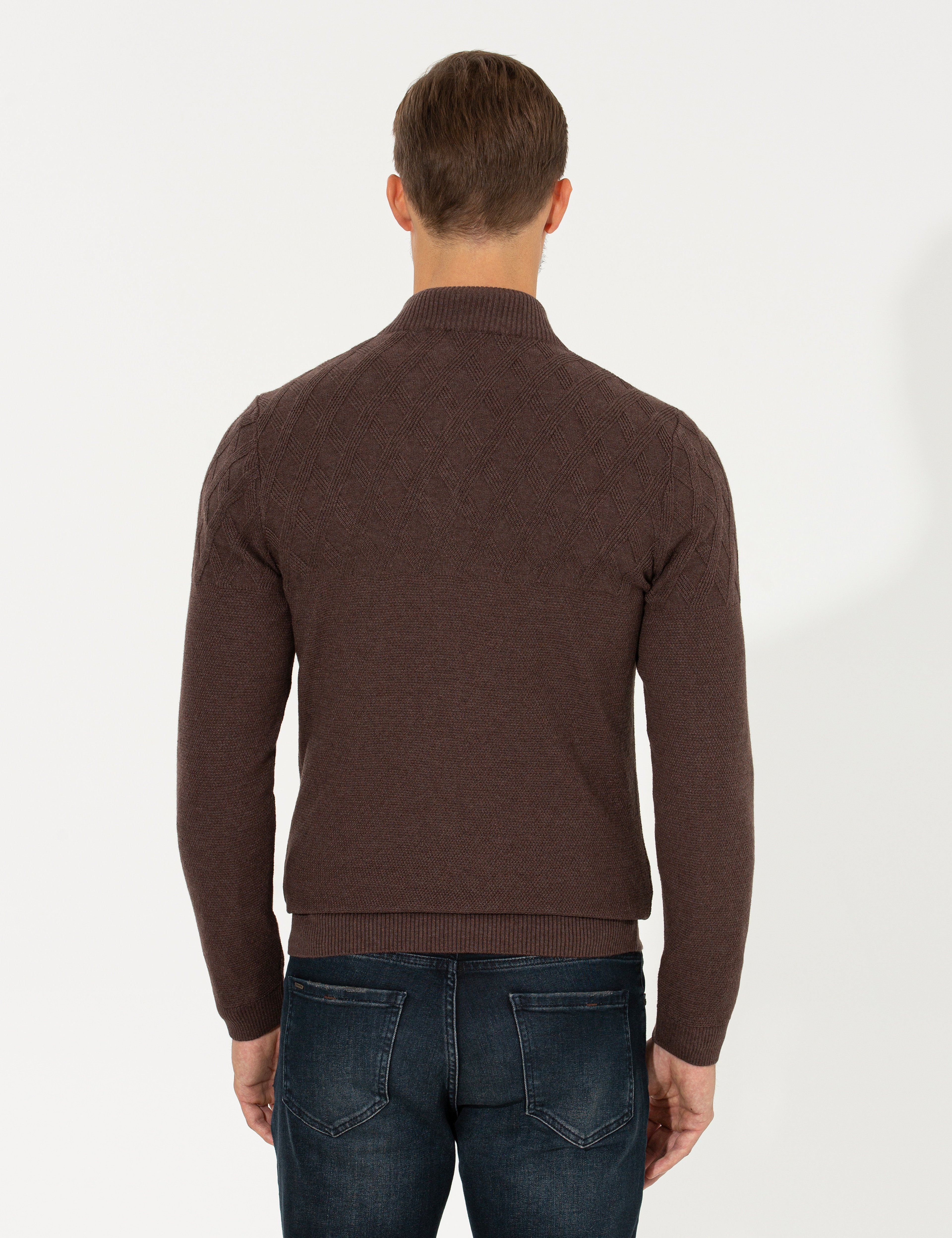Açık Kahverengi Slim Fit Fermuarlı Triko Hırka