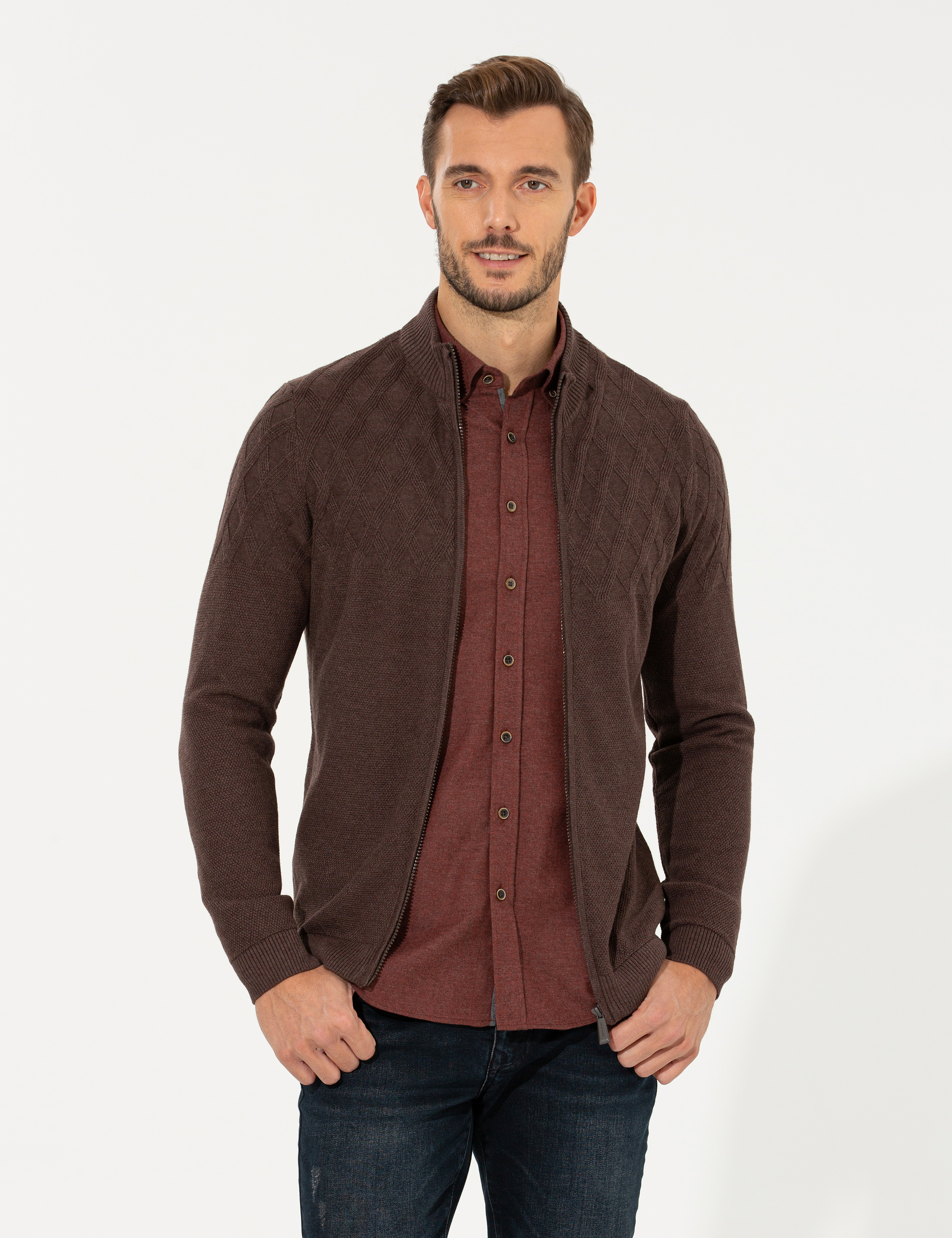 Açık Kahverengi Slim Fit Fermuarlı Triko Hırka - Image 1