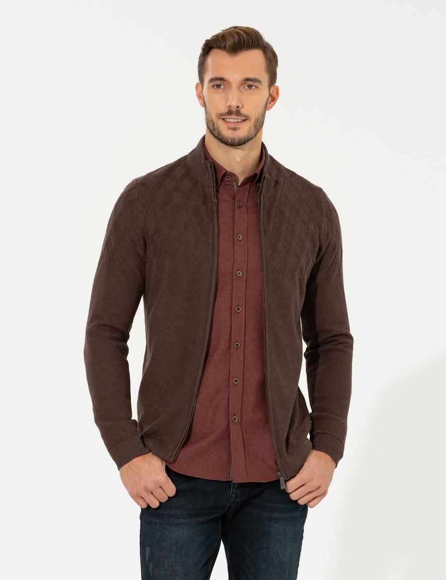 Açık Kahverengi Slim Fit Fermuarlı Triko Hırka