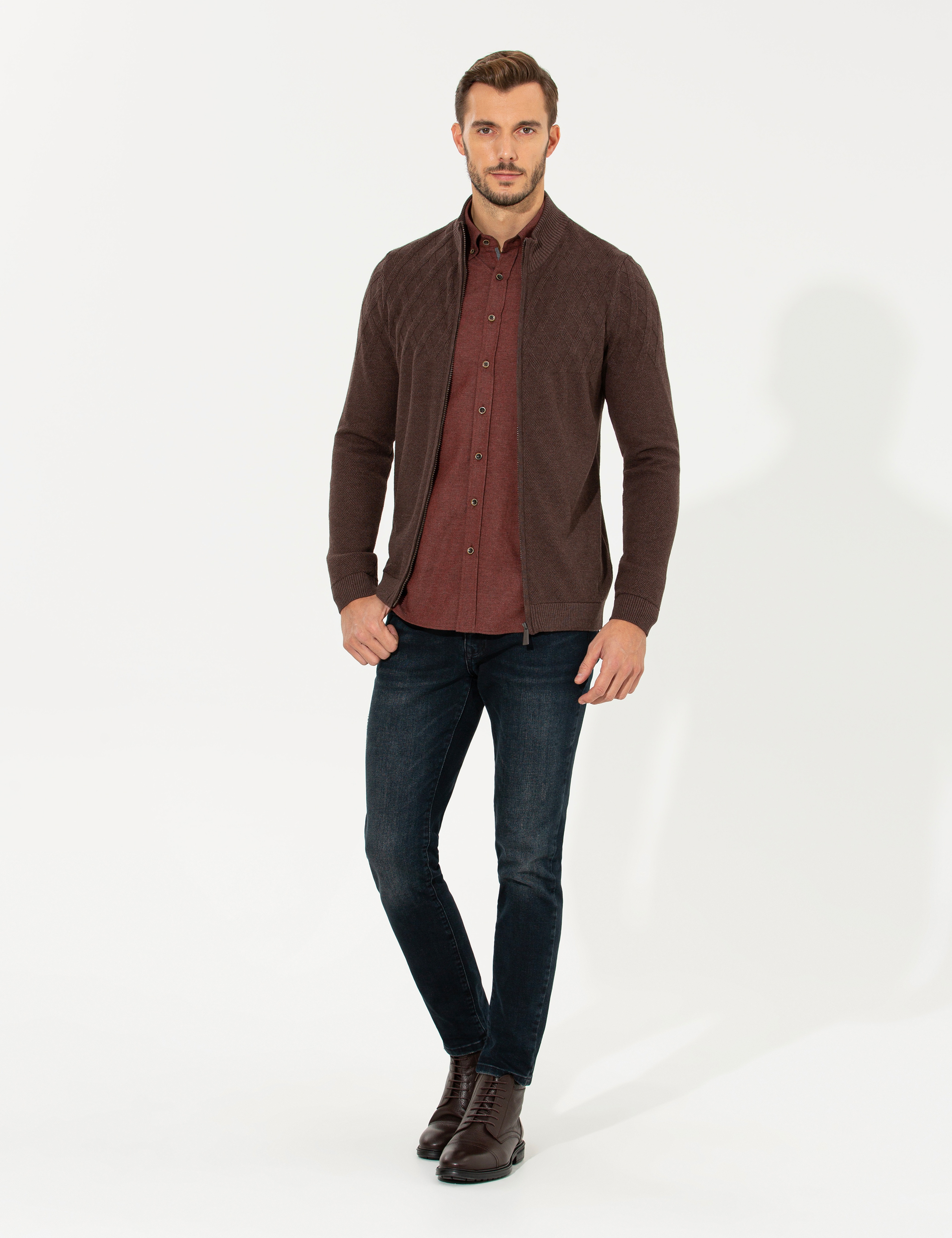 Açık Kahverengi Slim Fit Fermuarlı Triko Hırka - Image 4