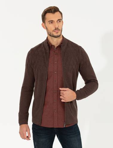 Açık Kahverengi Slim Fit Fermuarlı Triko Hırka