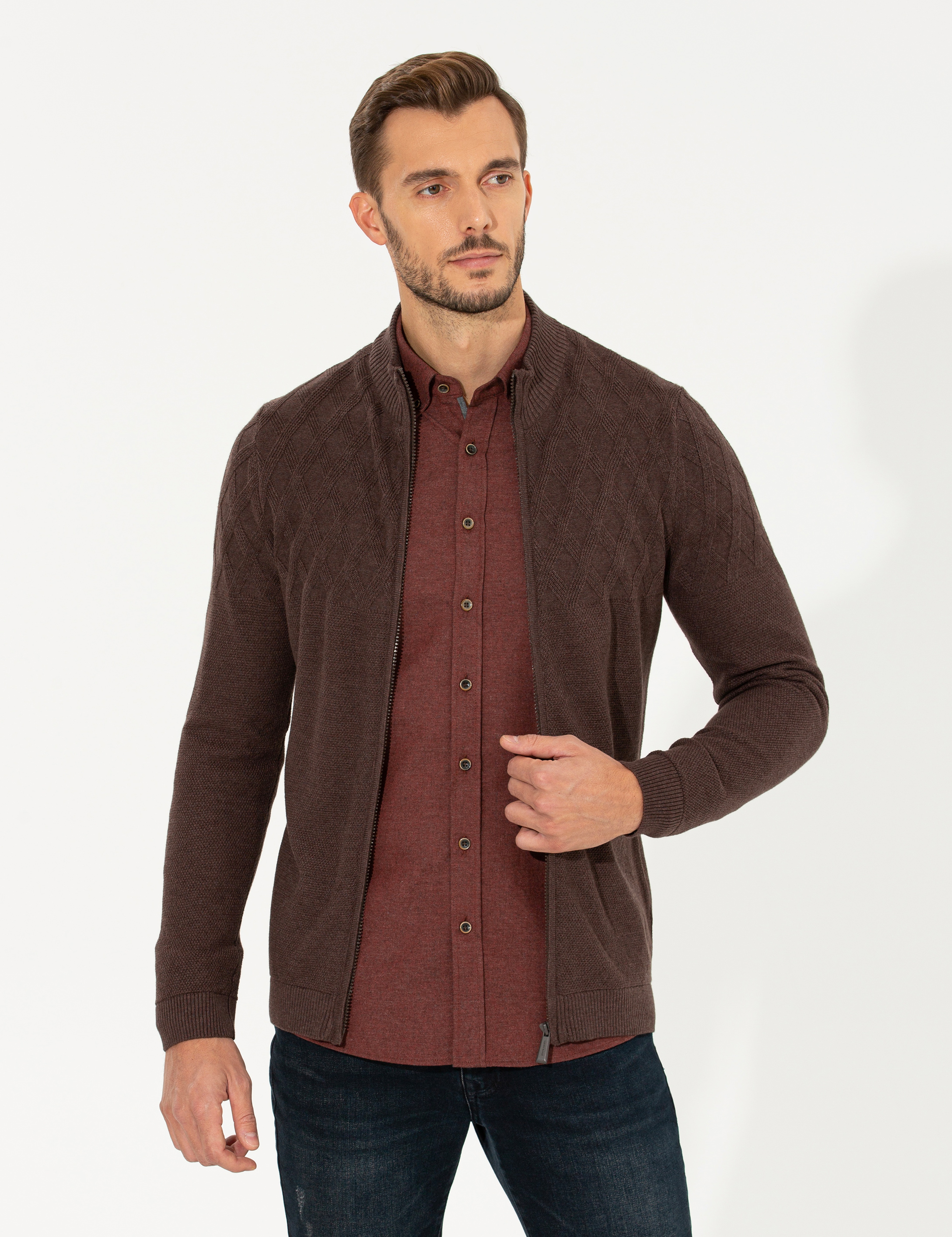 Açık Kahverengi Slim Fit Fermuarlı Triko Hırka - Image 3