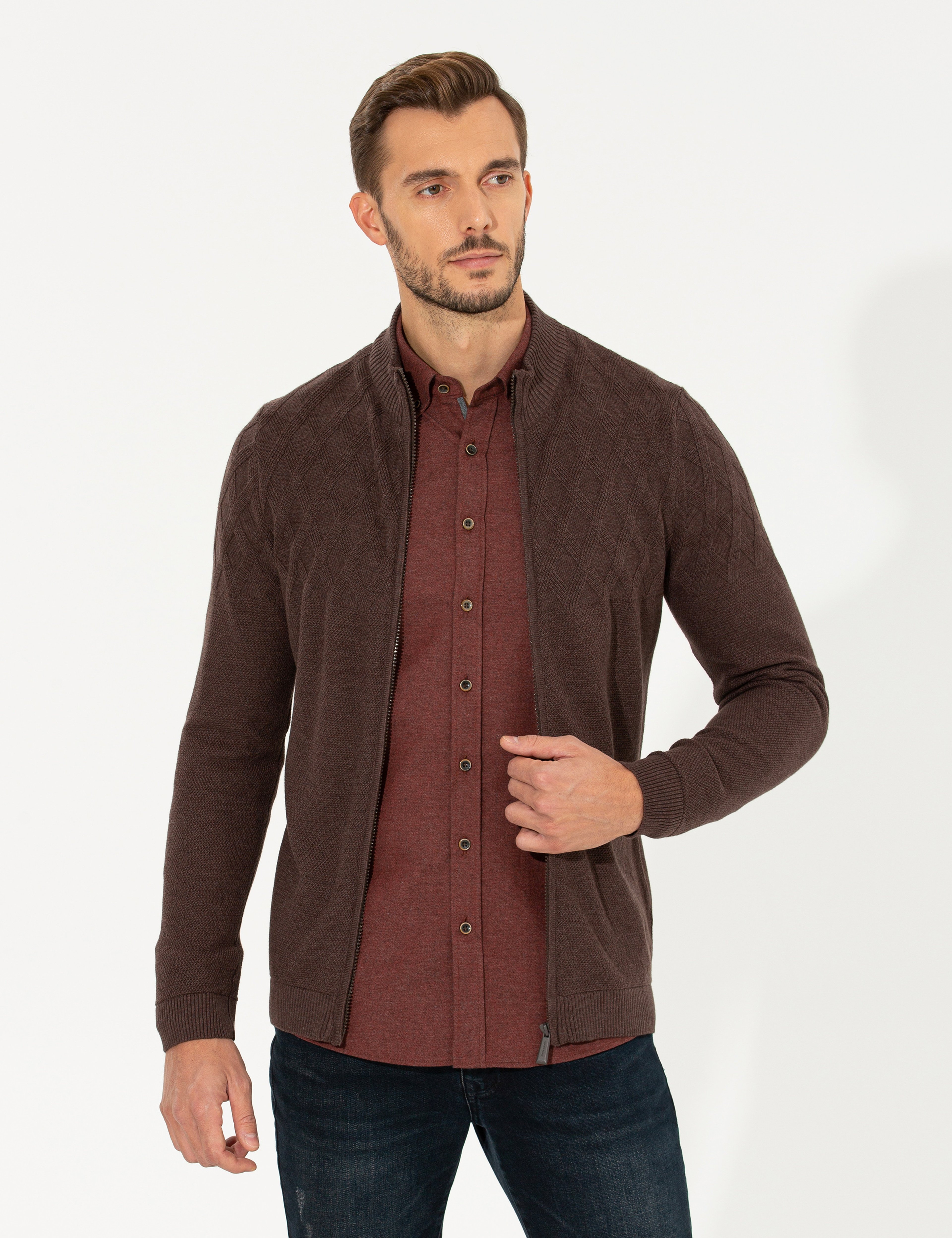 Açık Kahverengi Slim Fit Fermuarlı Triko Hırka