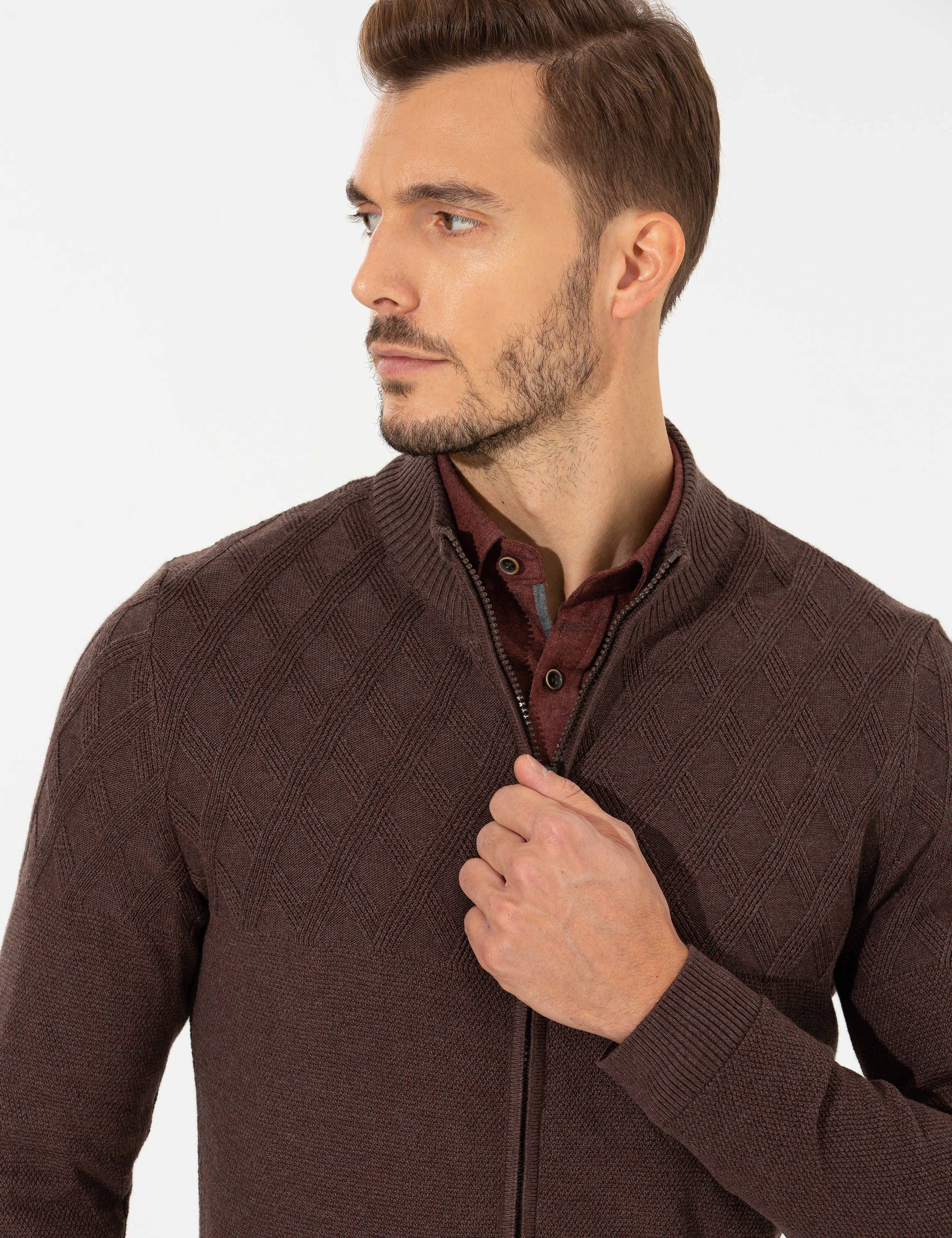 Açık Kahverengi Slim Fit Fermuarlı Triko Hırka
