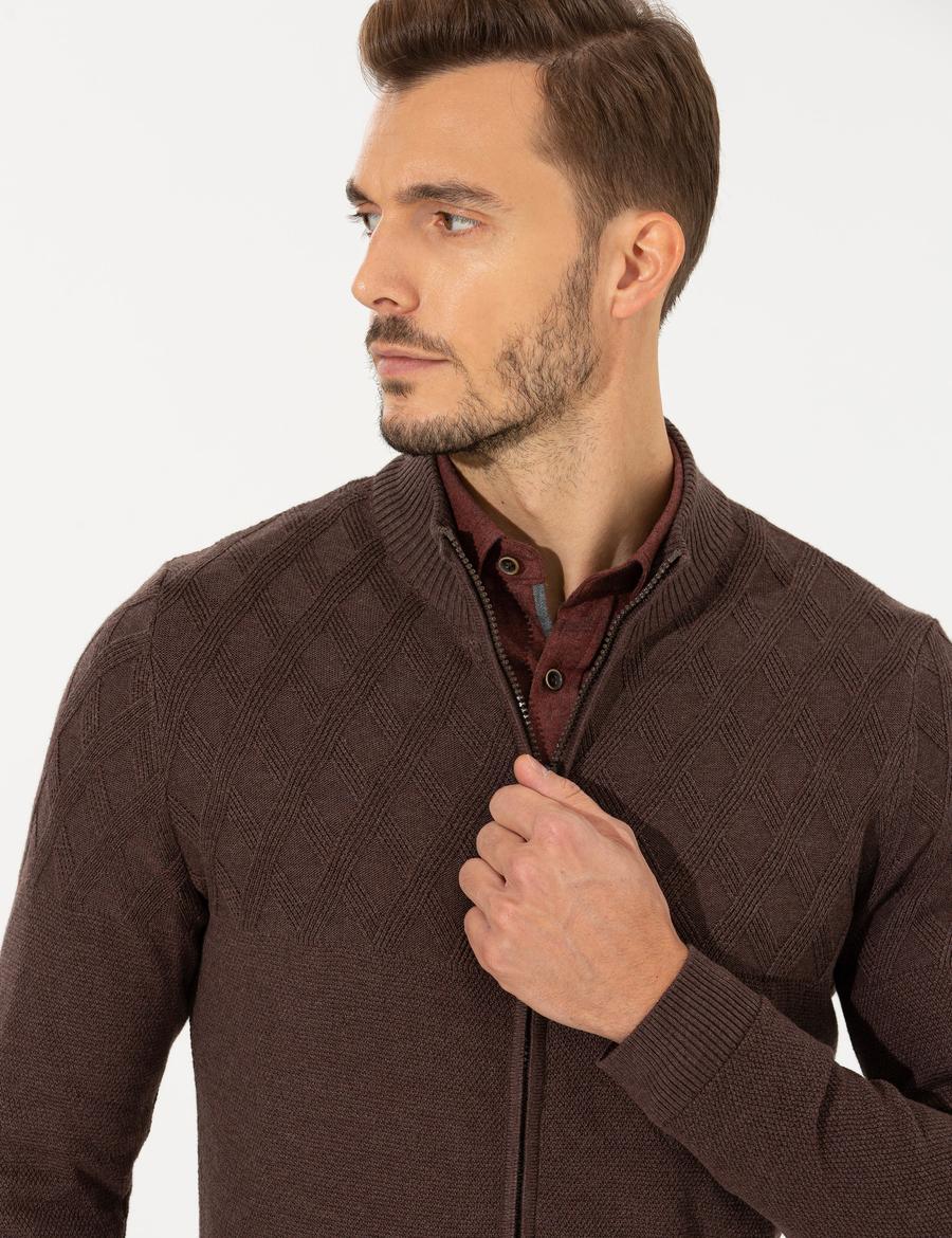 Açık Kahverengi Slim Fit Fermuarlı Triko Hırka