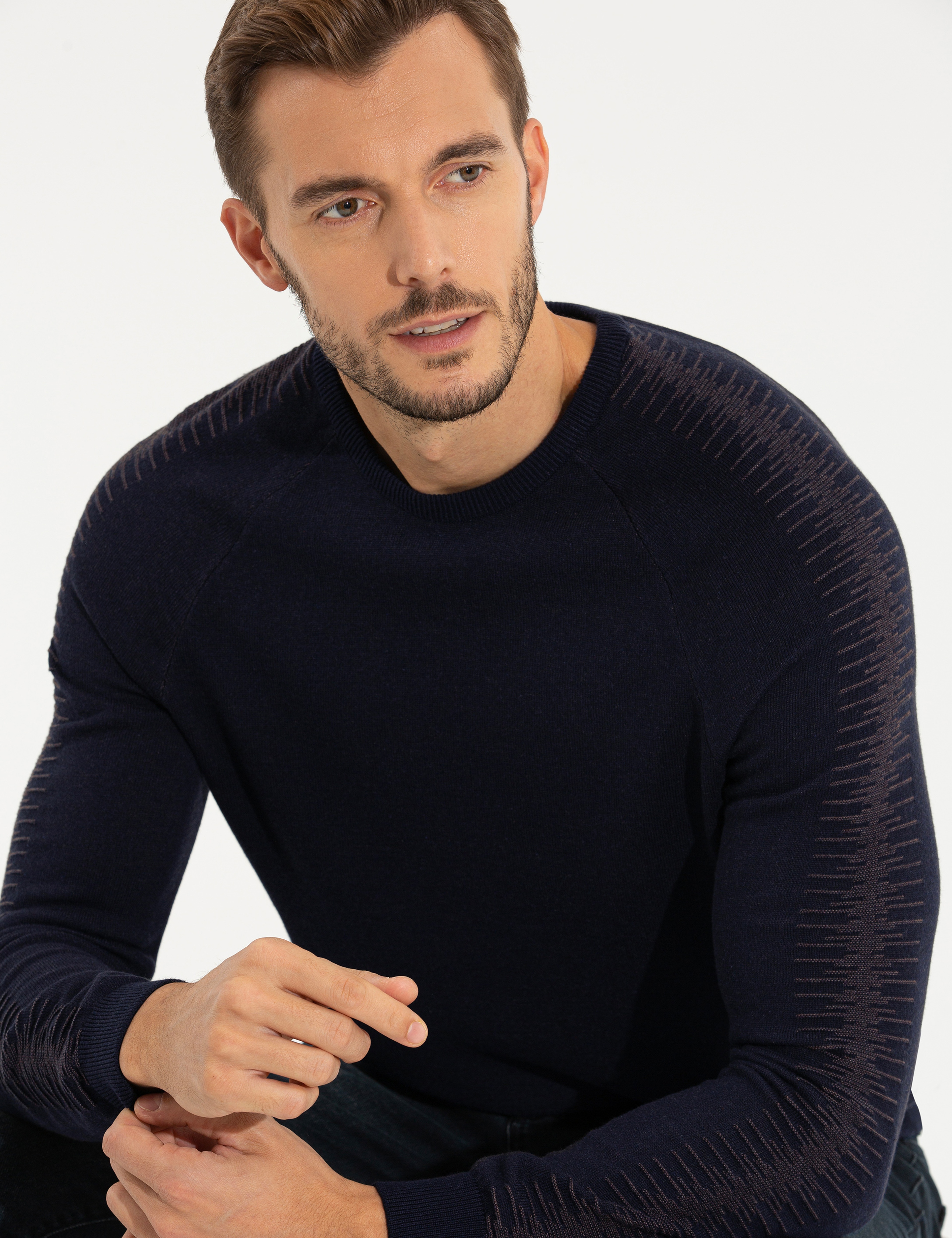 Lacivert Slim Fit Bisiklet Yaka Triko Kazak