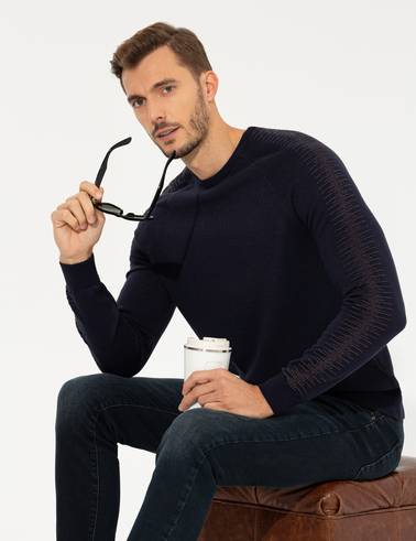 Lacivert Slim Fit Bisiklet Yaka Triko Kazak