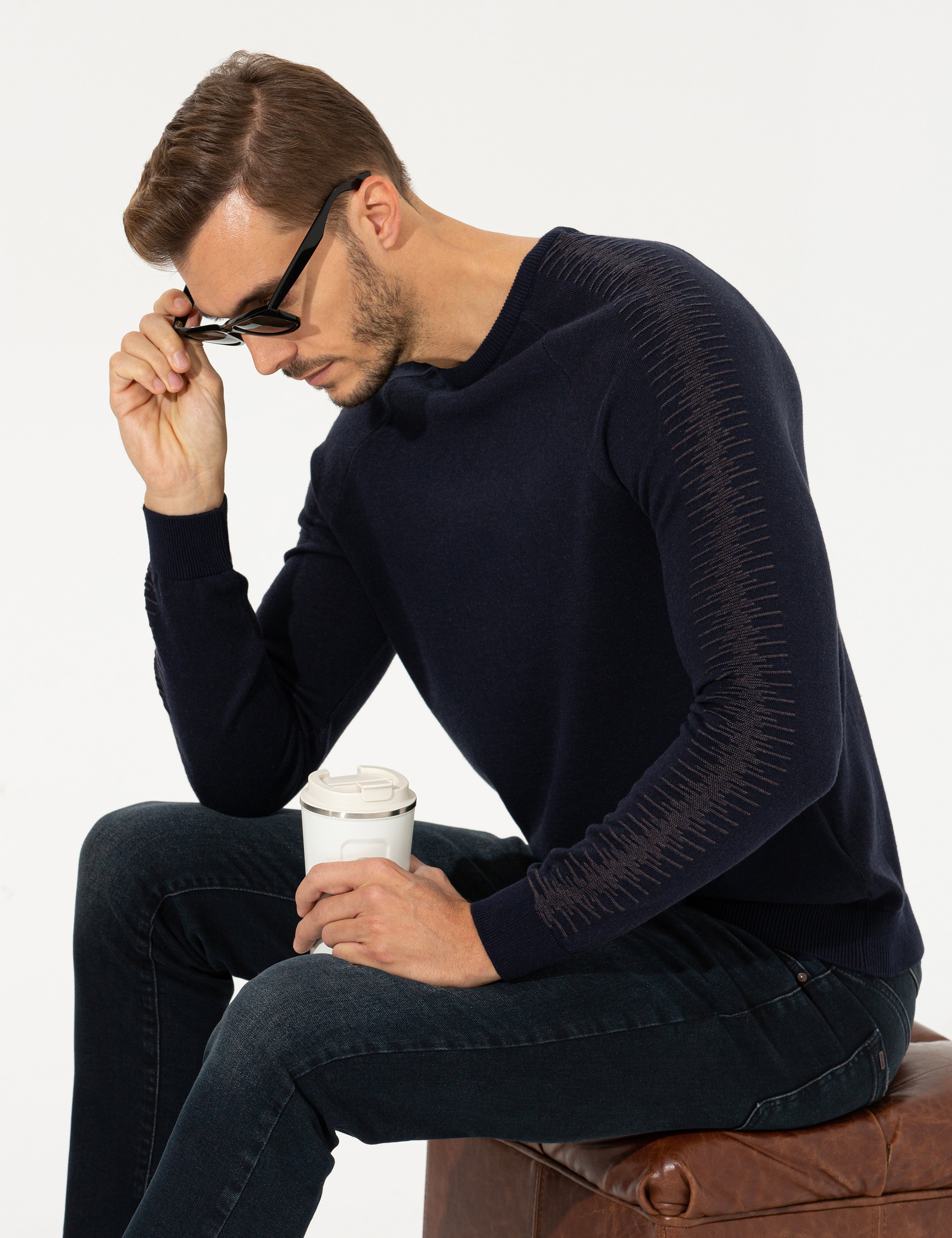 Lacivert Slim Fit Bisiklet Yaka Triko Kazak - Image 1