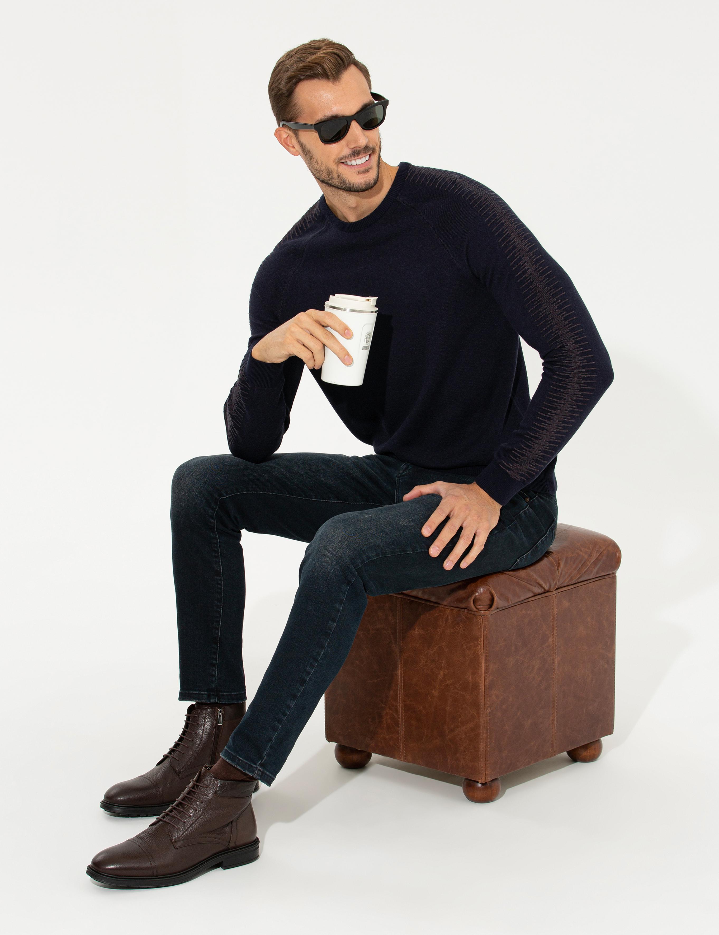 Lacivert Slim Fit Bisiklet Yaka Triko Kazak