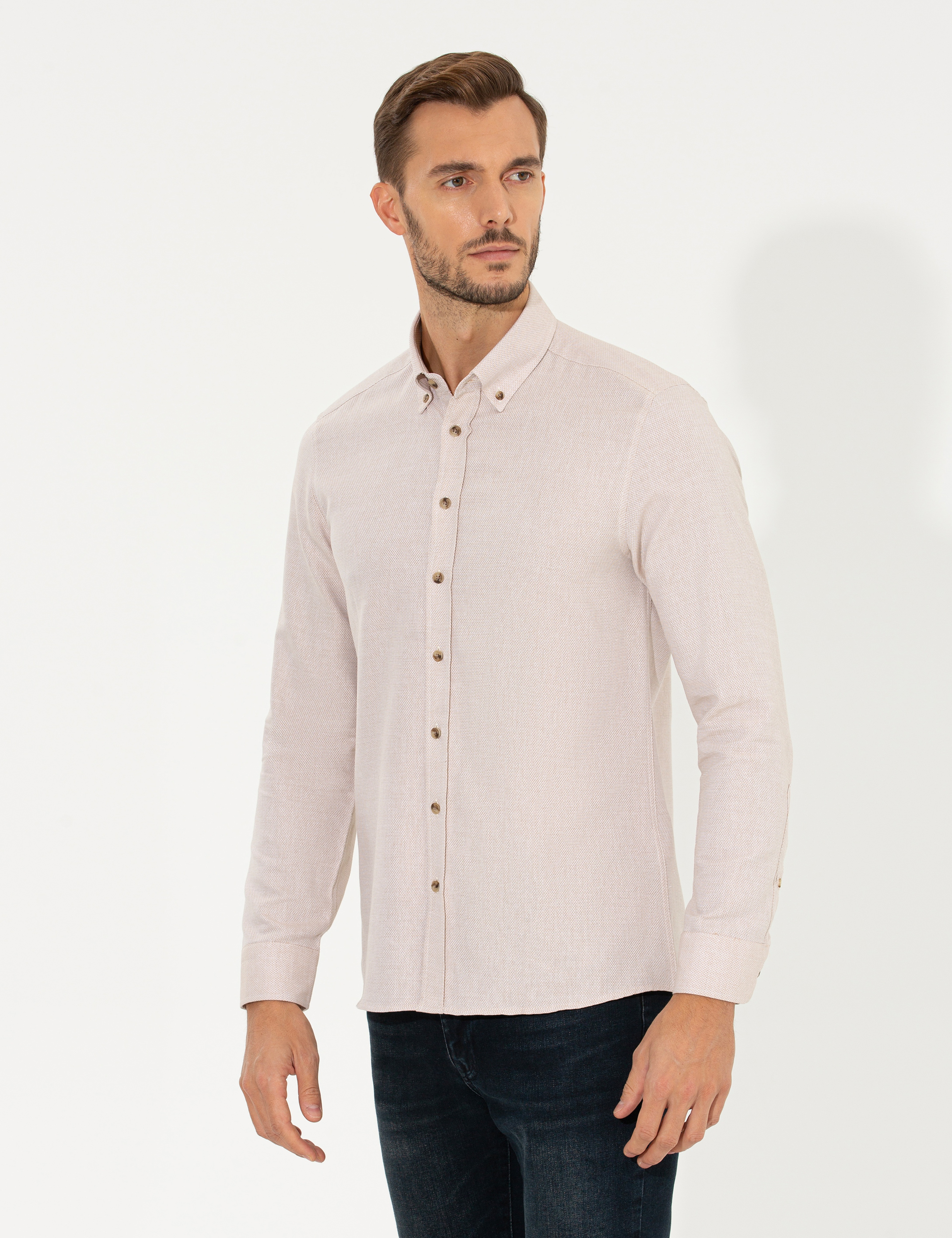 Bej Slim Fit Uzun Kollu Gömlek - Image 4