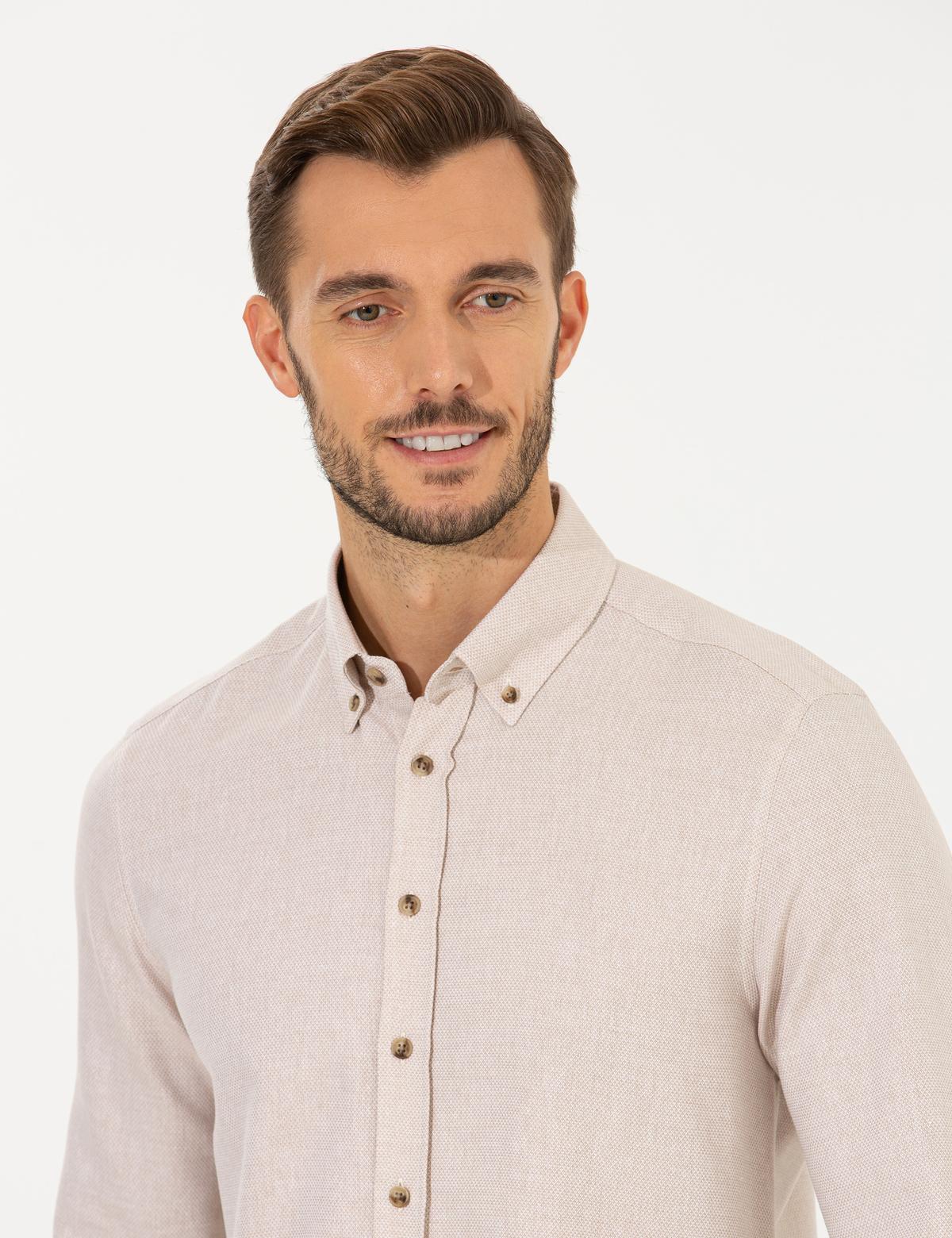 Bej Slim Fit Uzun Kollu Gömlek